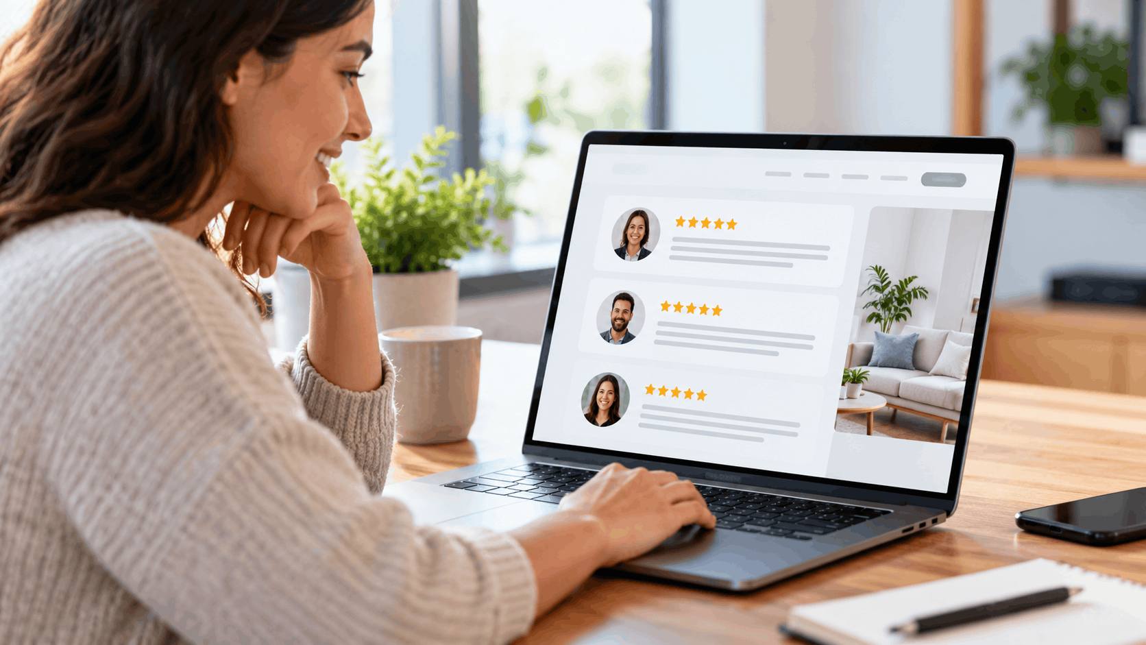 Woman smiling while reading five-star Google reviews on laptop at home desk
