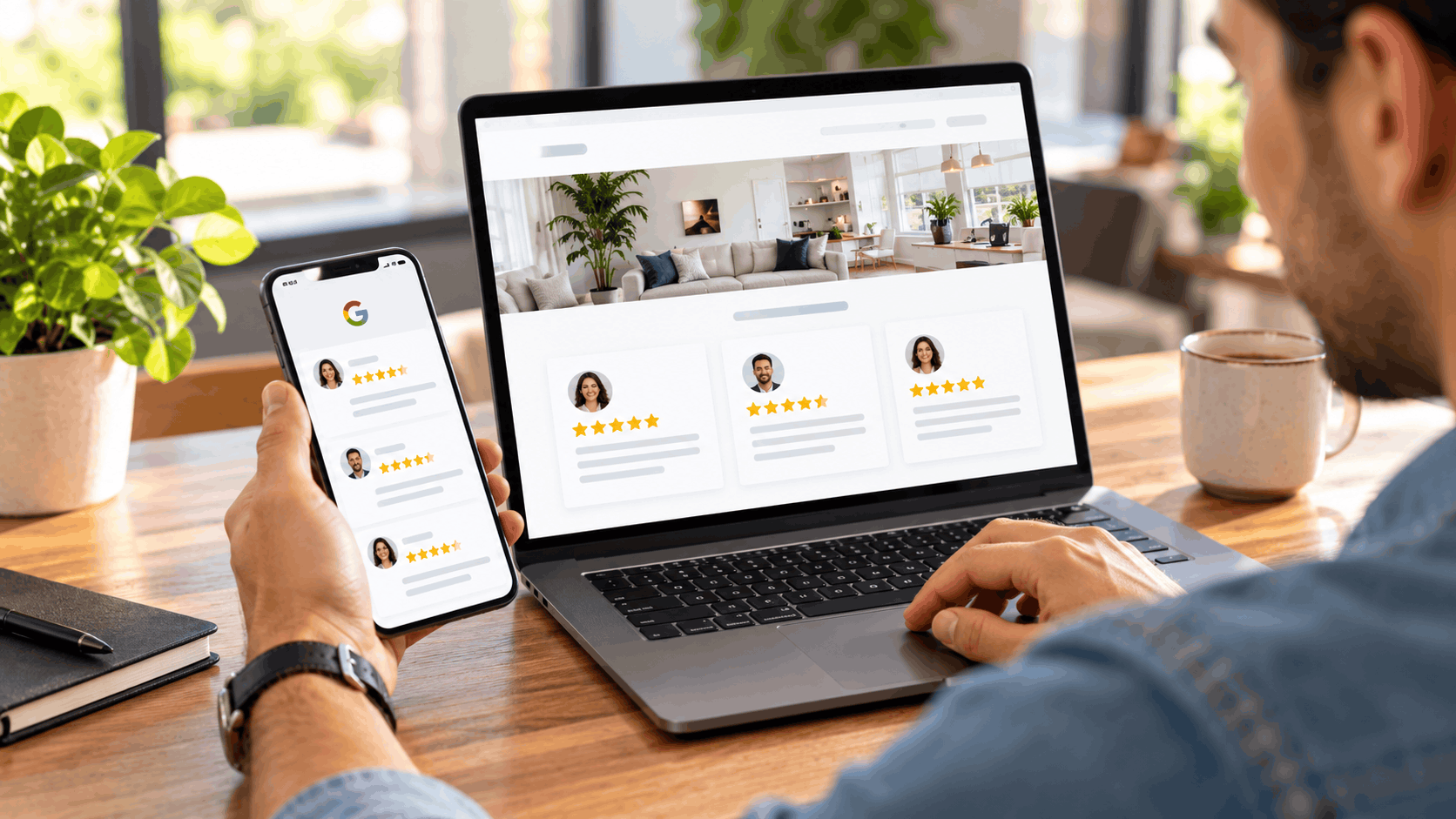 Man browsing Google reviews on phone while viewing five-star customer reviews on laptop