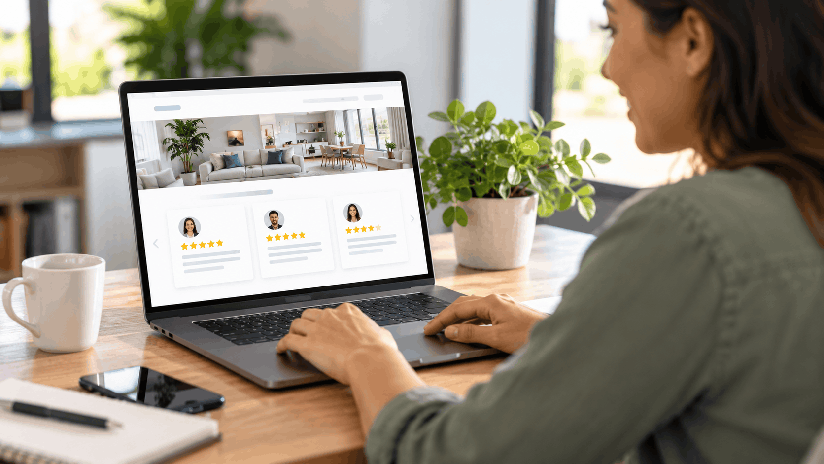 Woman reading customer reviews with star ratings on rental property website
