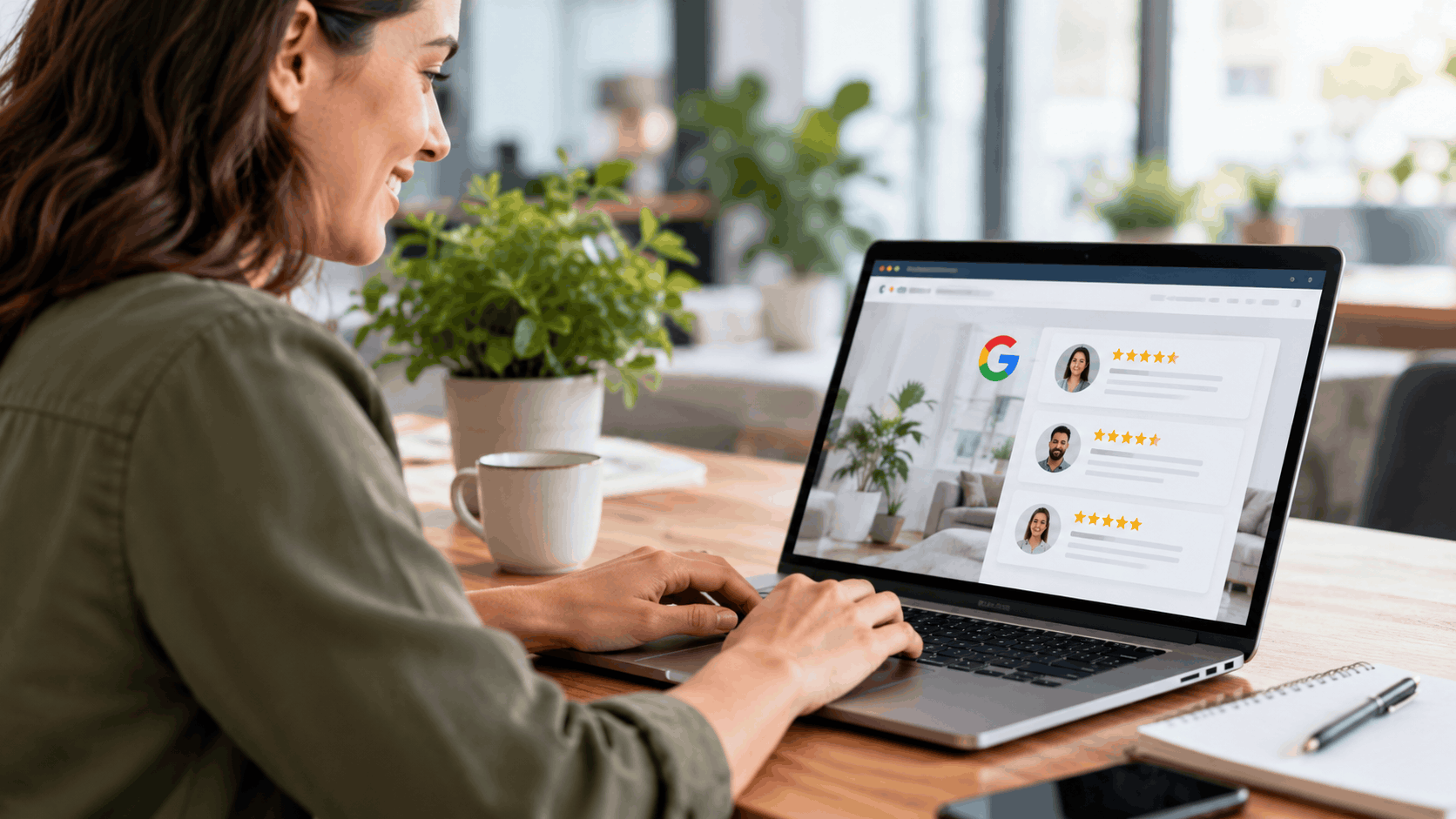 Woman smiling while reading five-star Google reviews on laptop at desk
