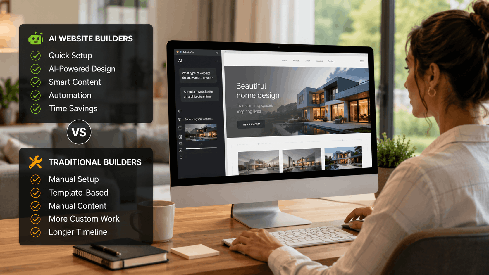 Woman using AI website builder compared to traditional builders feature comparison chart