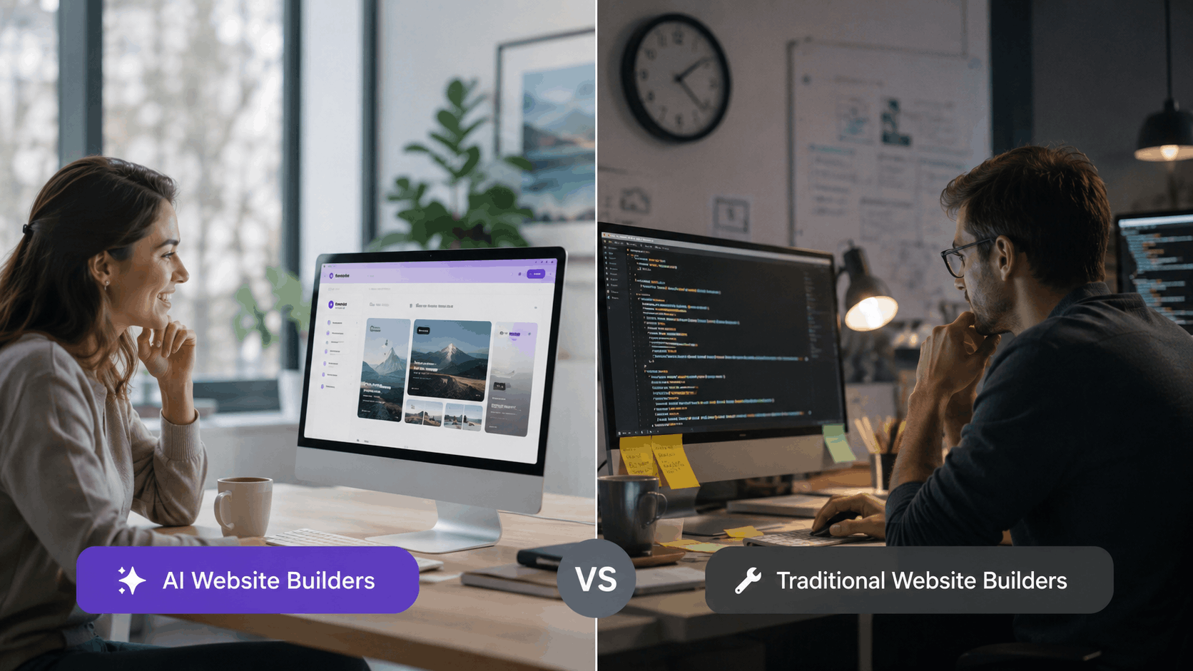 Side-by-side comparison of AI website builder versus traditional coding interface with developers
