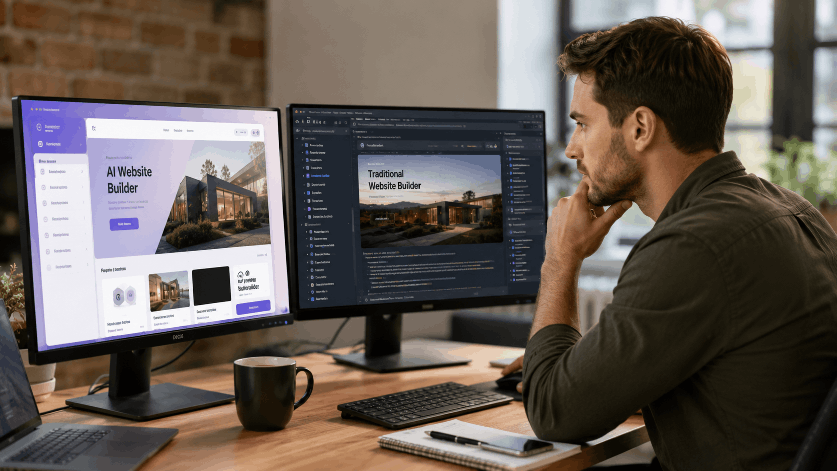 Man comparing AI website builder versus traditional website builder on dual monitors