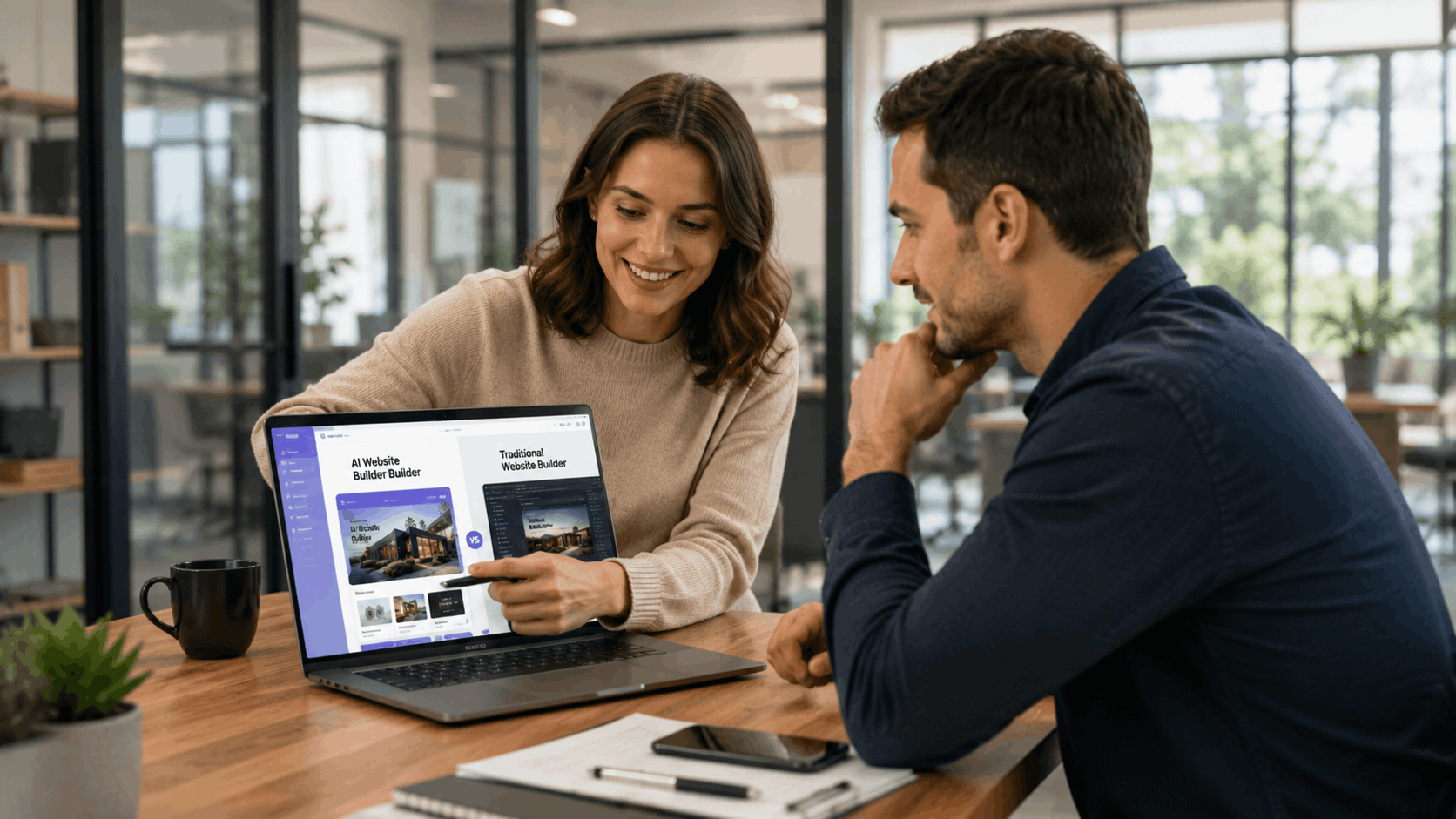 Two professionals comparing AI website builder vs traditional website builder on laptop