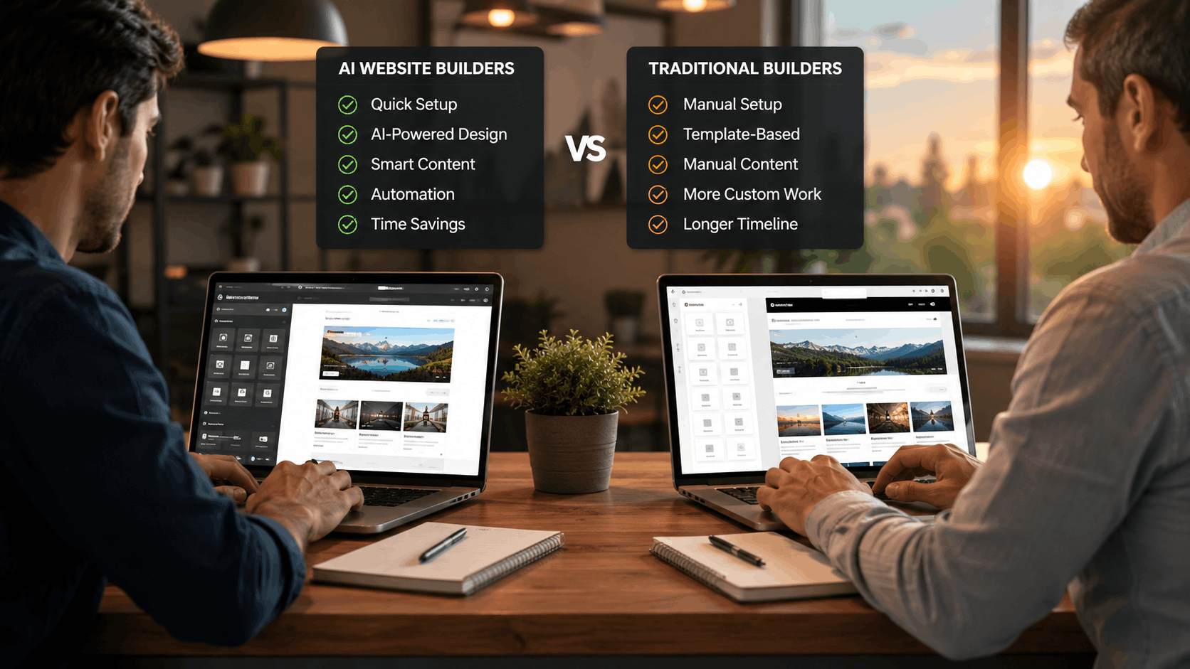 Two men comparing AI website builders vs traditional builders on laptops side-by-side