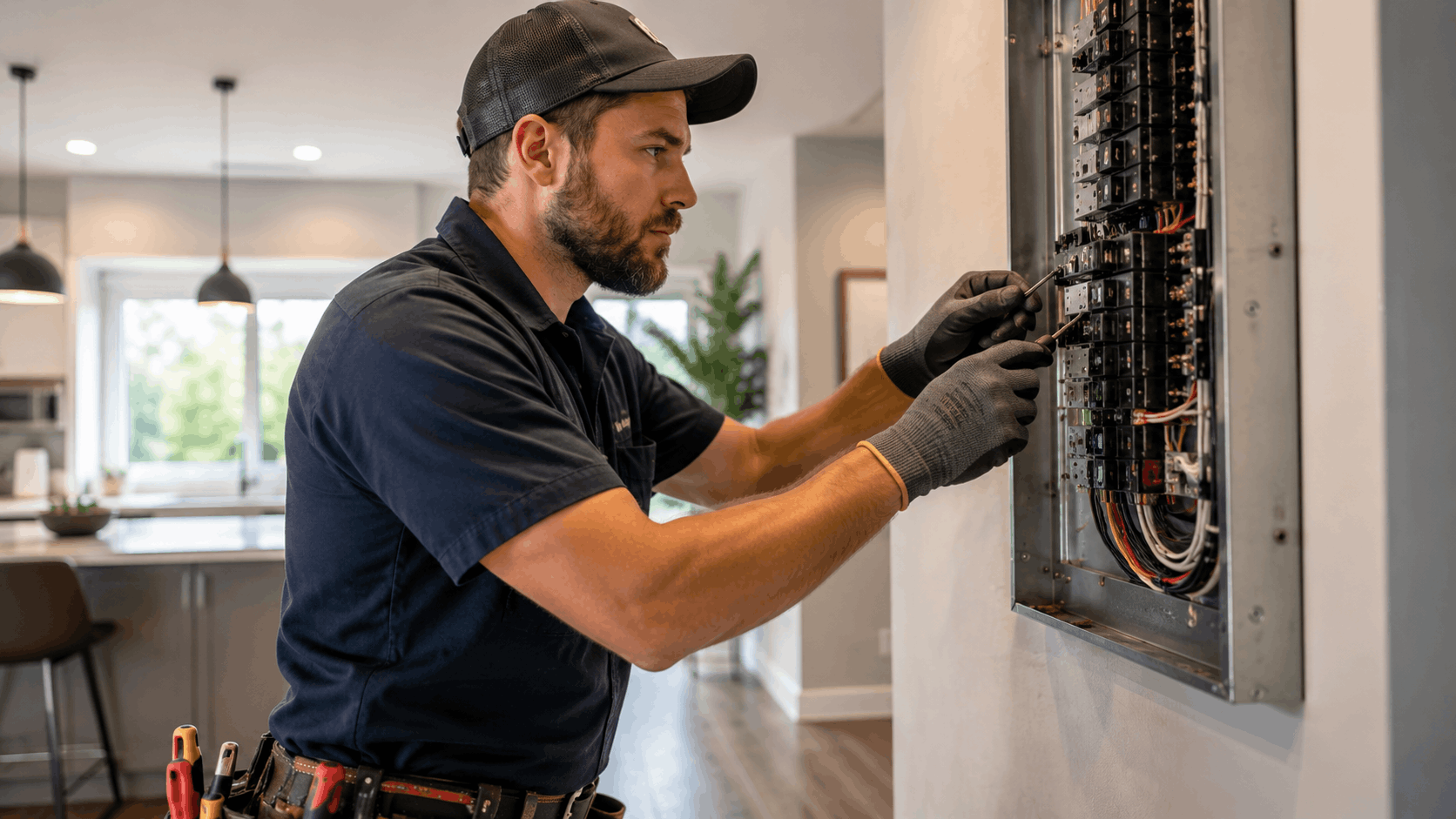 Licensed electrician working on residential electrical panel breaker box in modern home