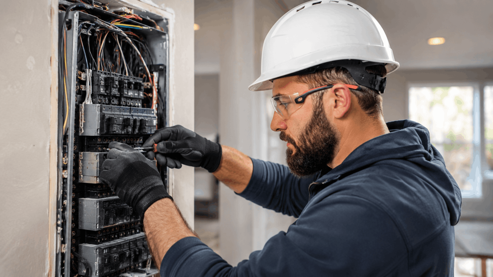 Licensed electrician in white hard hat working on residential electrical panel