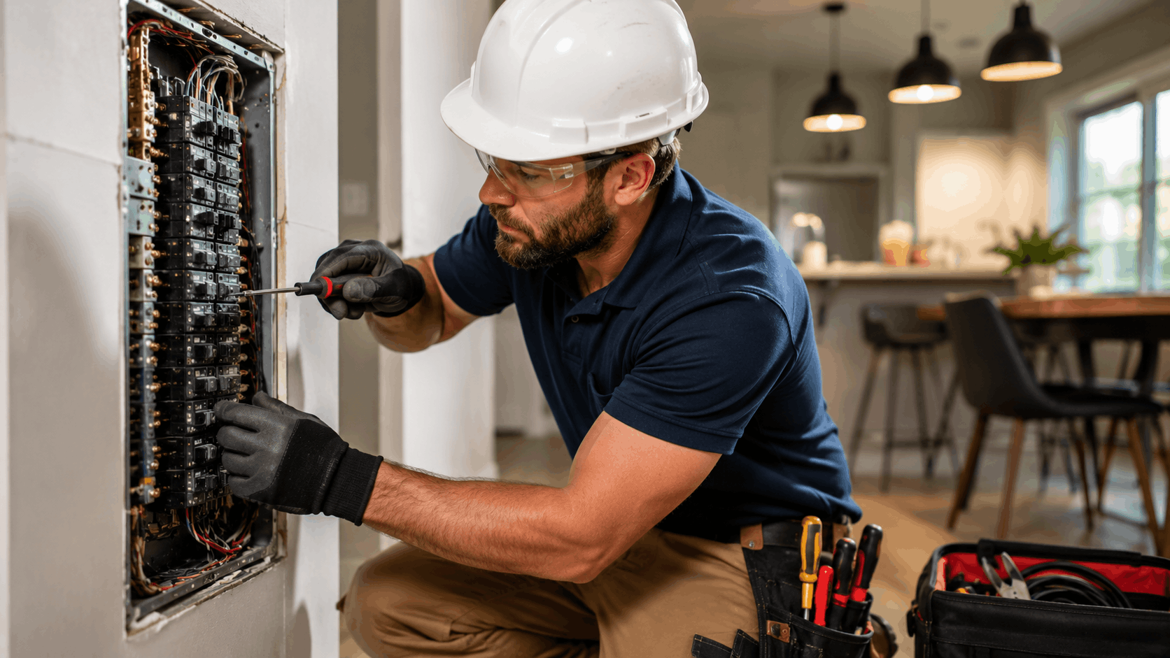 Licensed electrician in hard hat and safety glasses working on residential electrical panel
