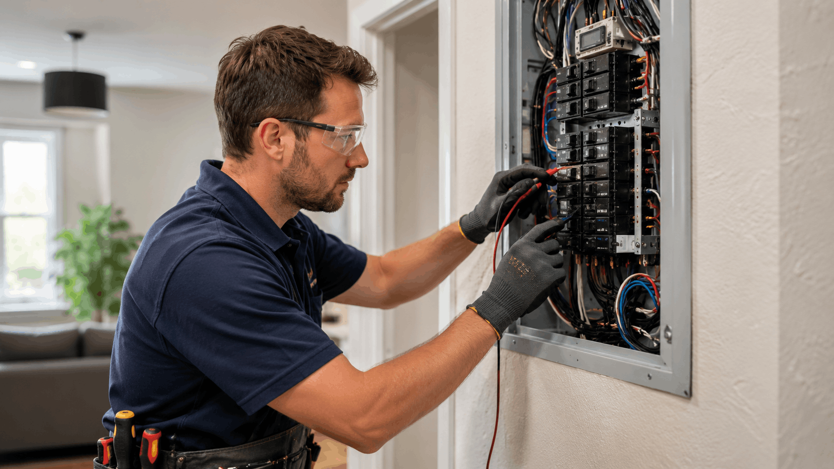 Licensed electrician inspecting residential electrical panel with safety gloves and protective eyewear