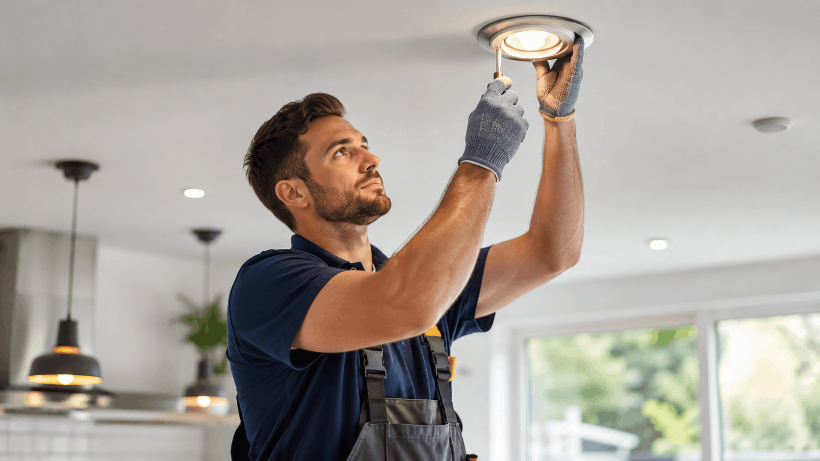 Electrician in overalls installing recessed ceiling light fixture wearing protective gloves