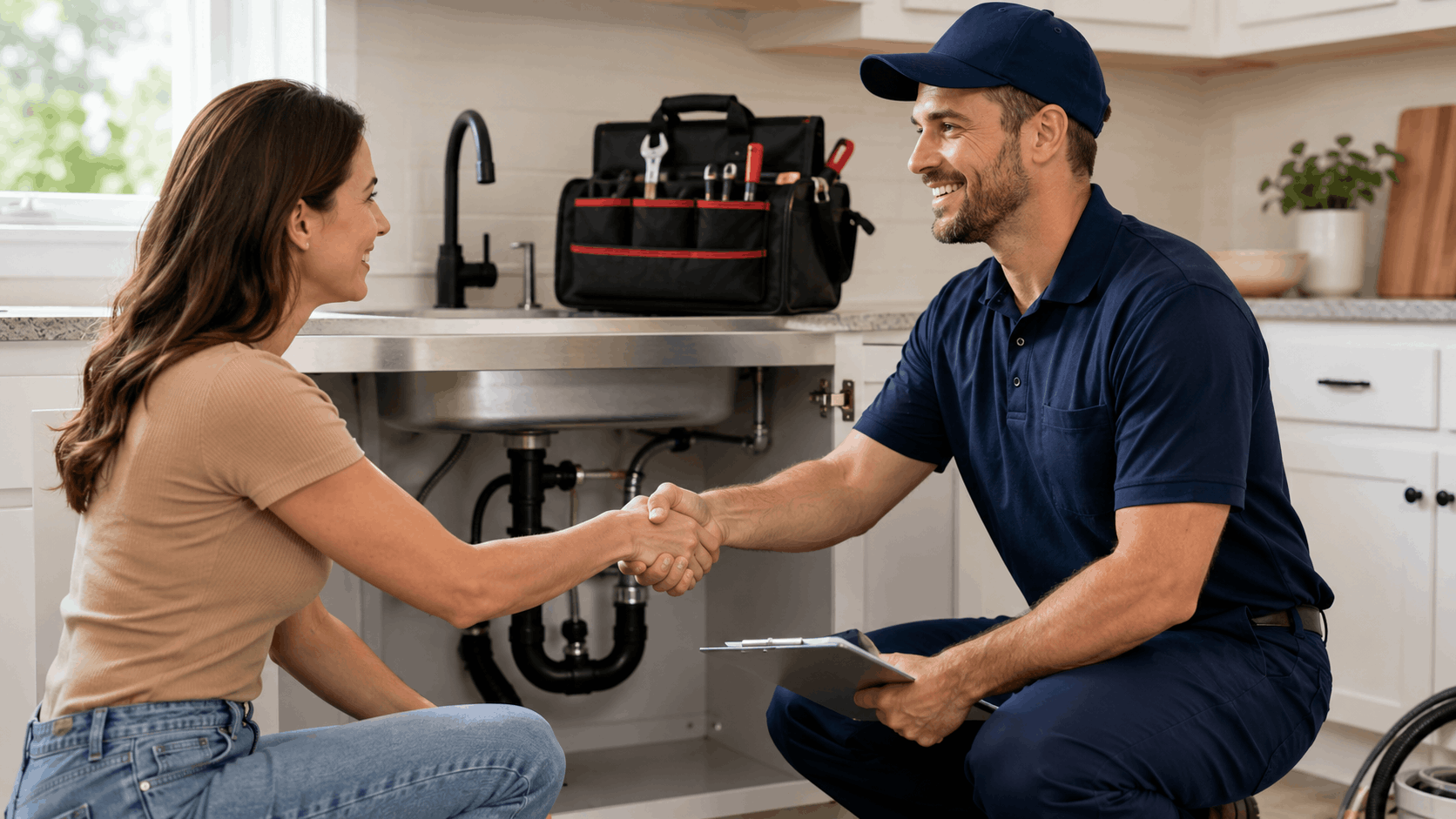 Smiling plumber shaking hands with homeowner beside open kitchen sink cabinet