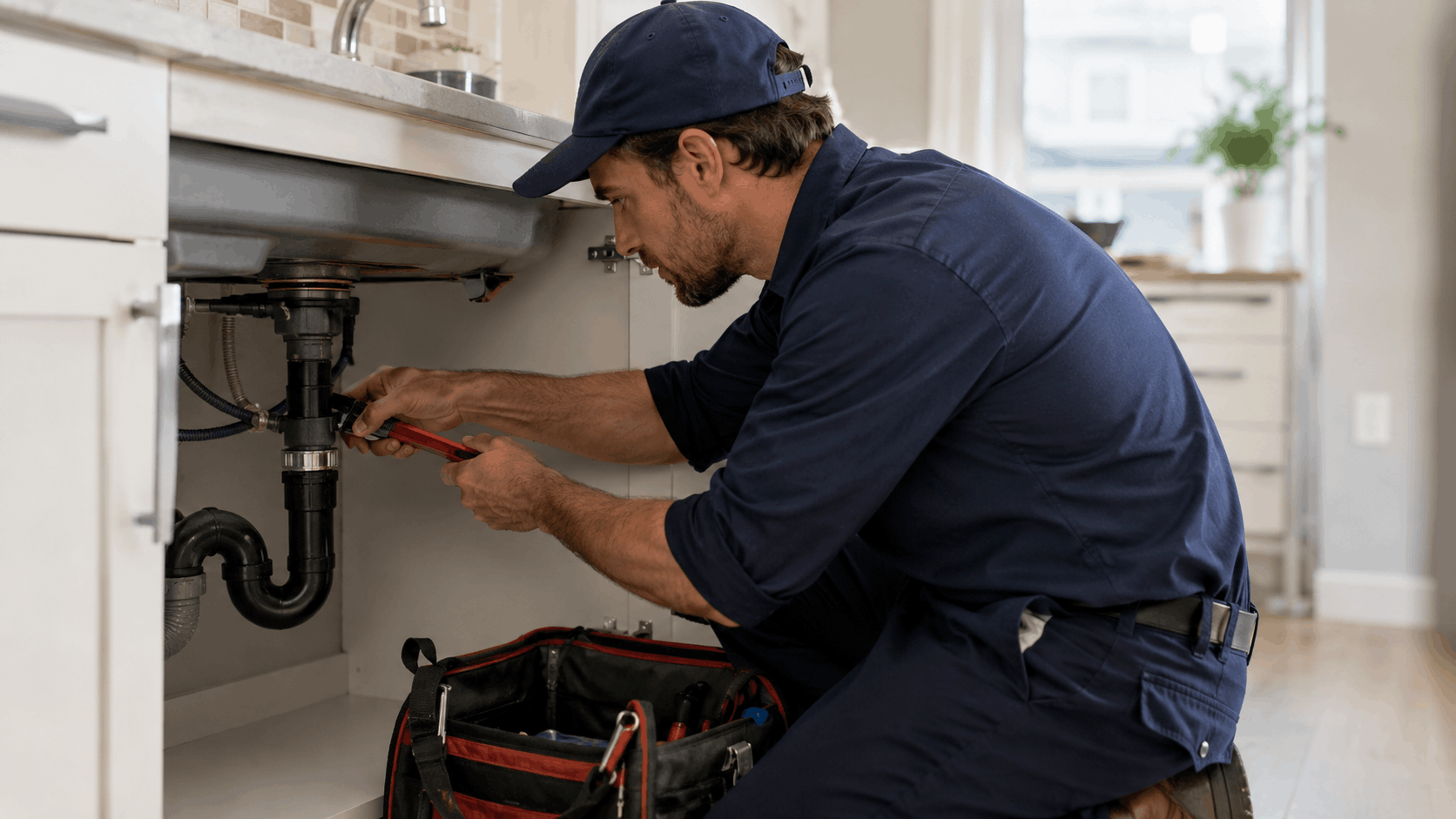 Professional plumber in navy uniform repairing pipes under kitchen sink with wrench