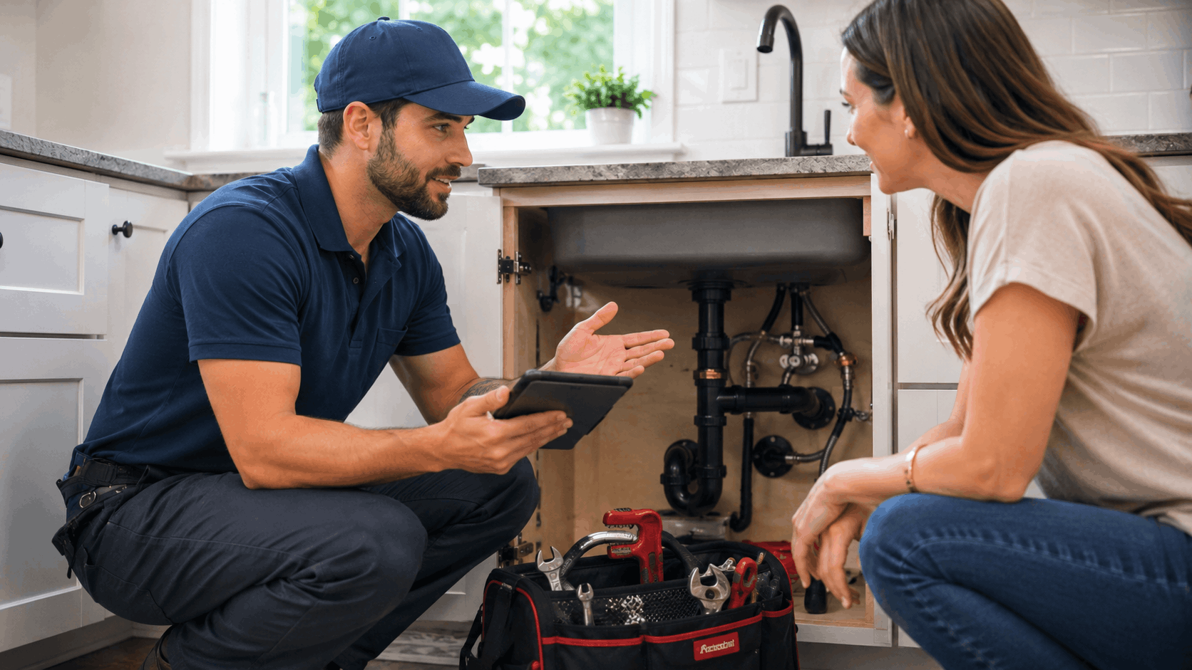 Plumber showing tablet to homeowner while inspecting kitchen sink cabinet plumbing