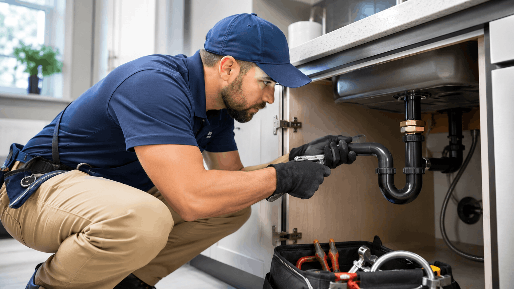 Professional plumber in blue uniform repairing kitchen sink drain pipes with wrench