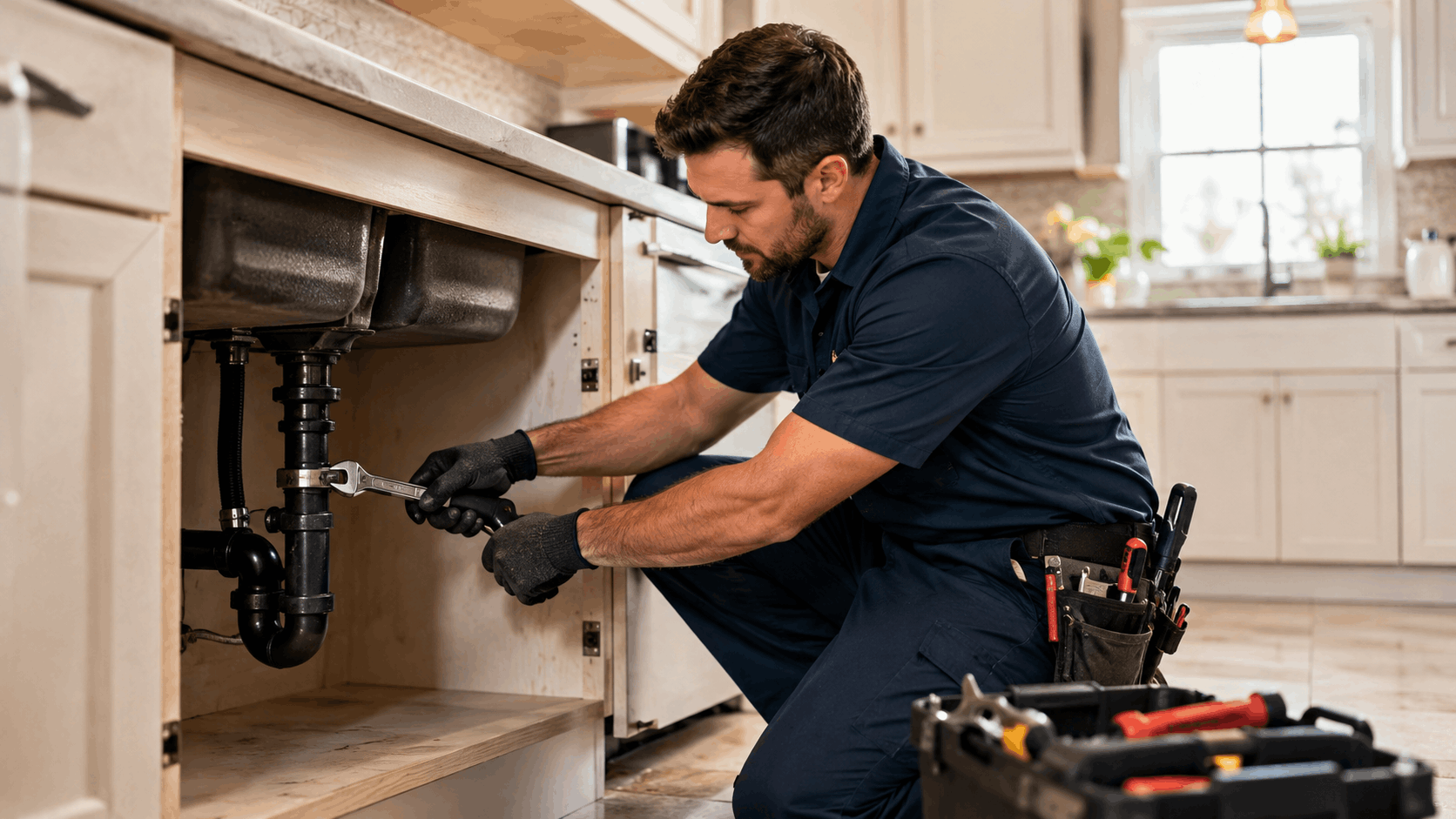 Professional plumber repairing kitchen sink pipes using wrench and tools