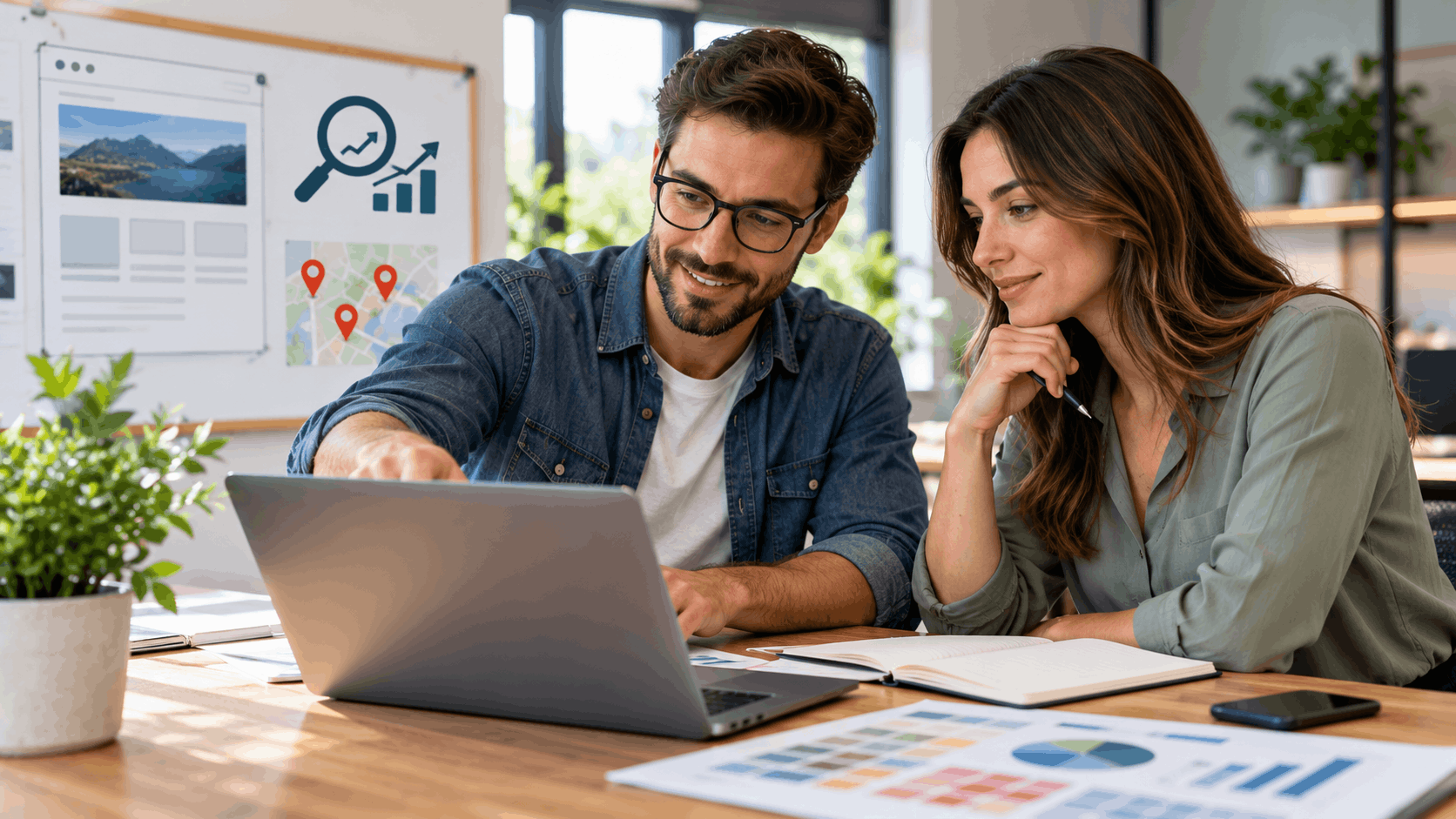 Two professionals collaborating on SEO strategy using laptop with analytics charts nearby