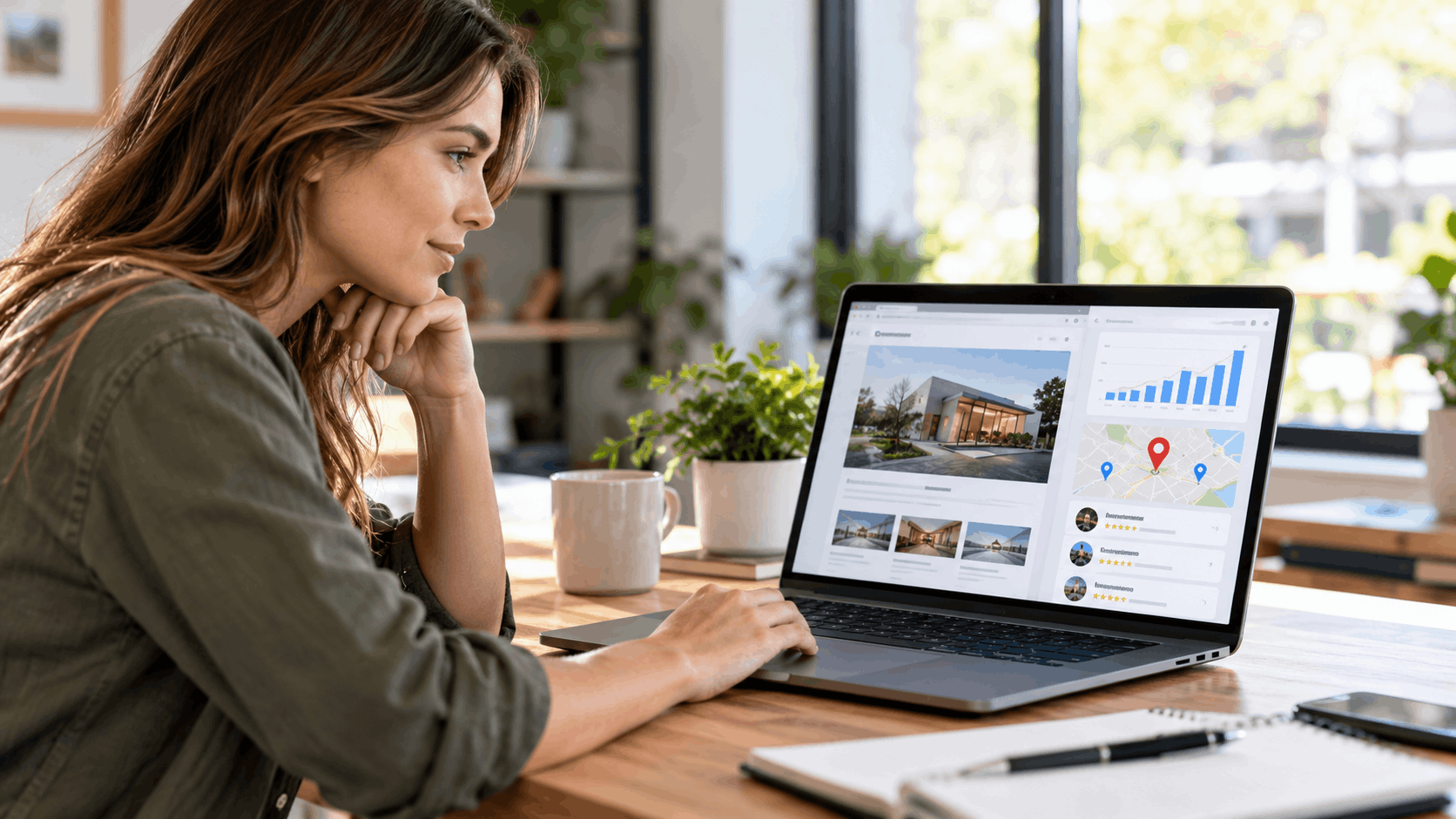 Woman researching local SEO website builders on laptop showing property listings and map