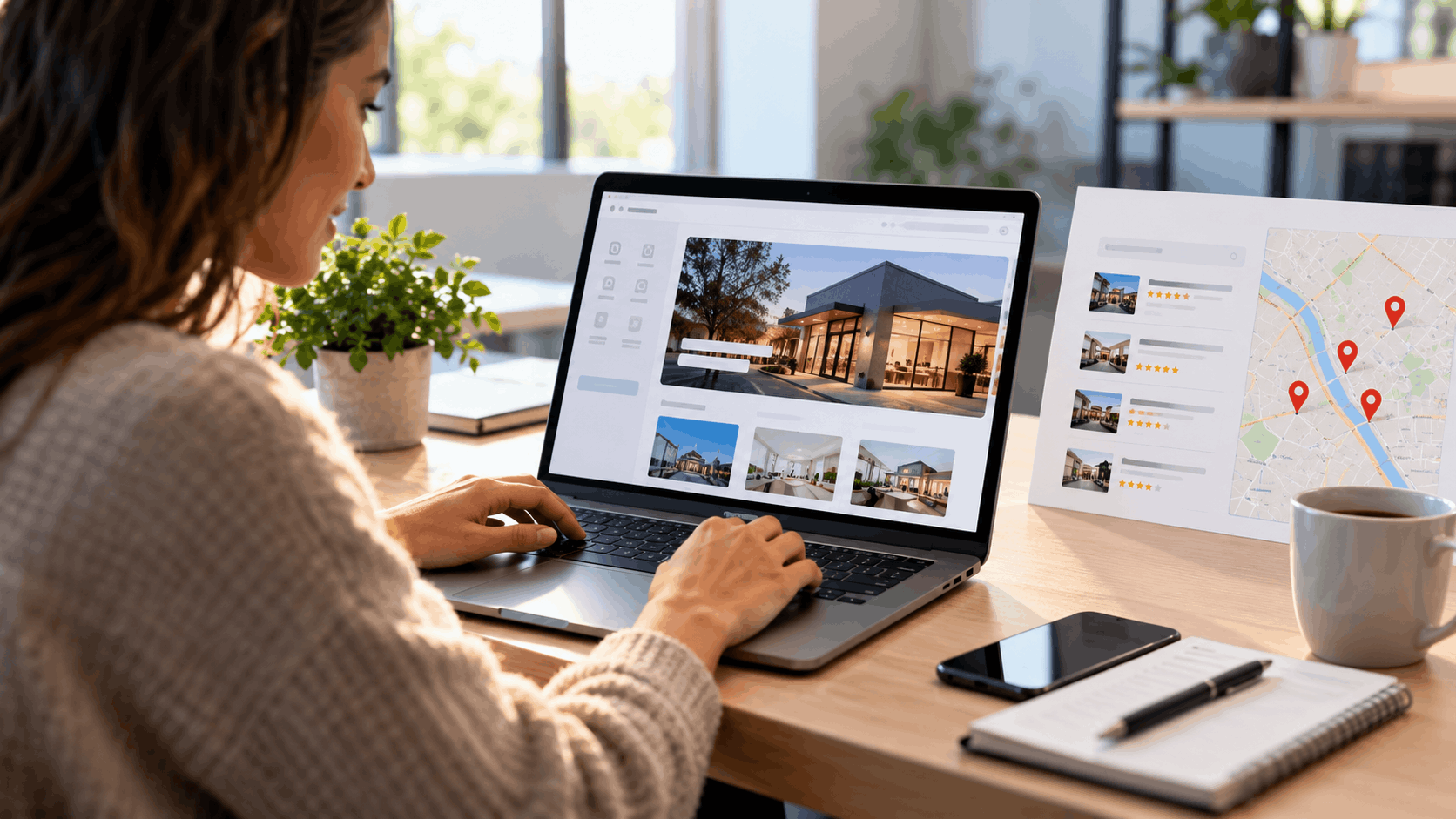Woman browsing real estate property listings and map locations on laptop computer