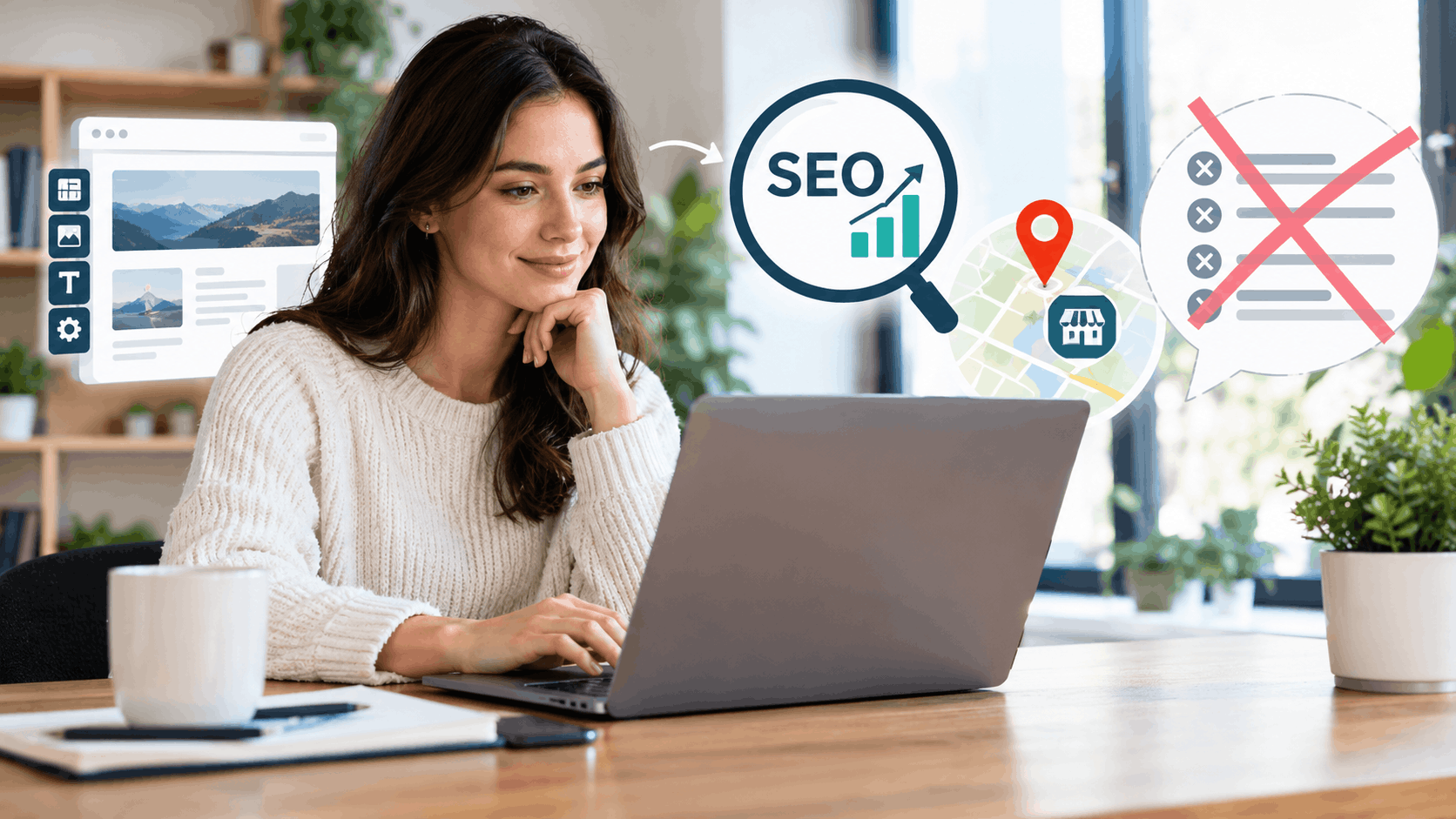 Woman working on laptop with SEO analytics and local business map icons floating nearby