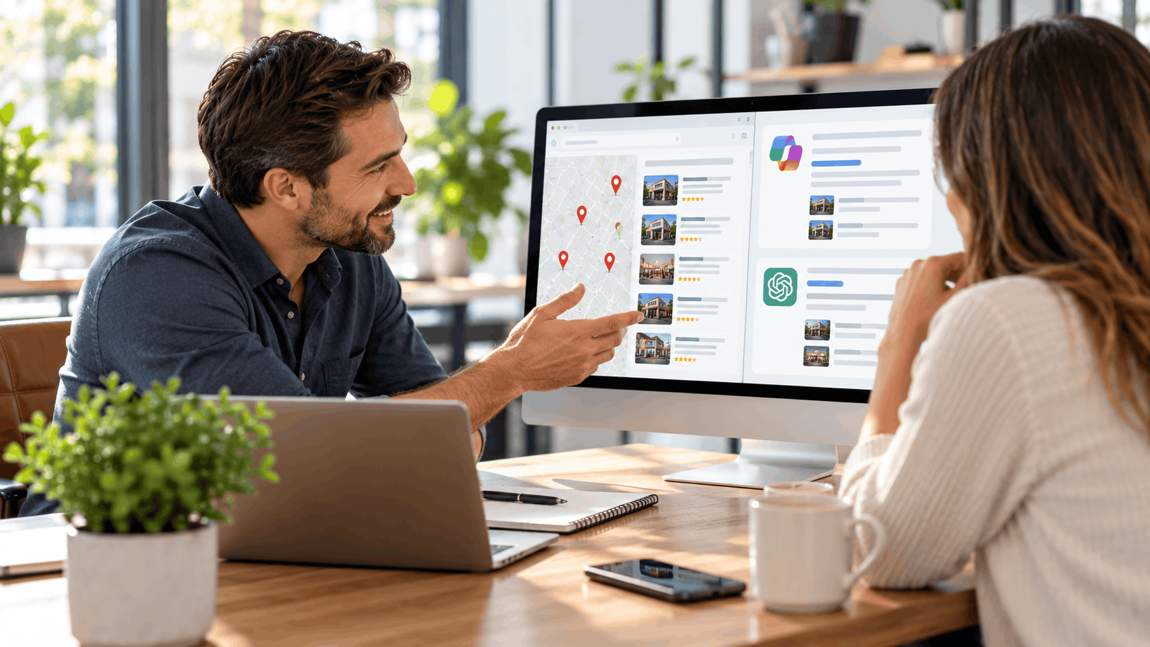 Business consultant explaining Bing Places local search results and AI tools on desktop monitor