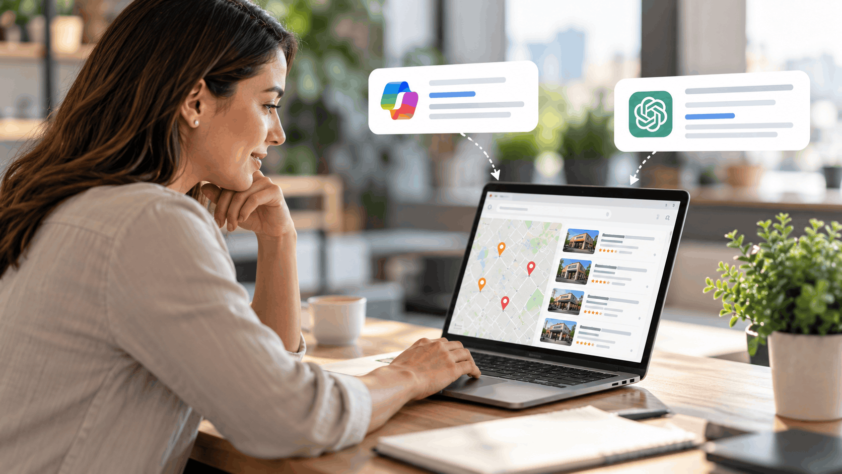 Woman using laptop displaying local business map listings while Microsoft Copilot and ChatGPT AI tools analyze them