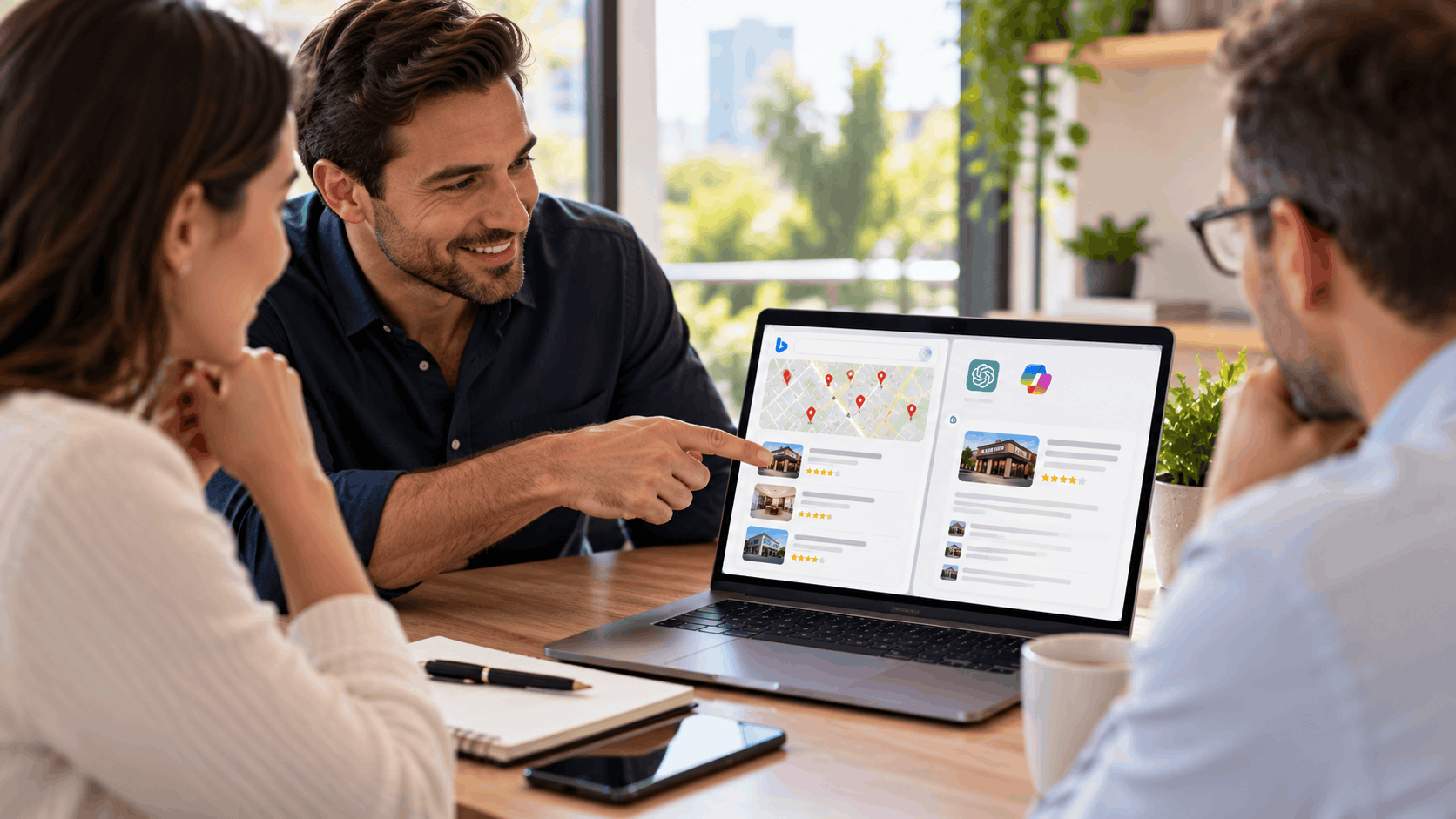 Consultant pointing to AI-powered local business reviews and trust signals on laptop screen