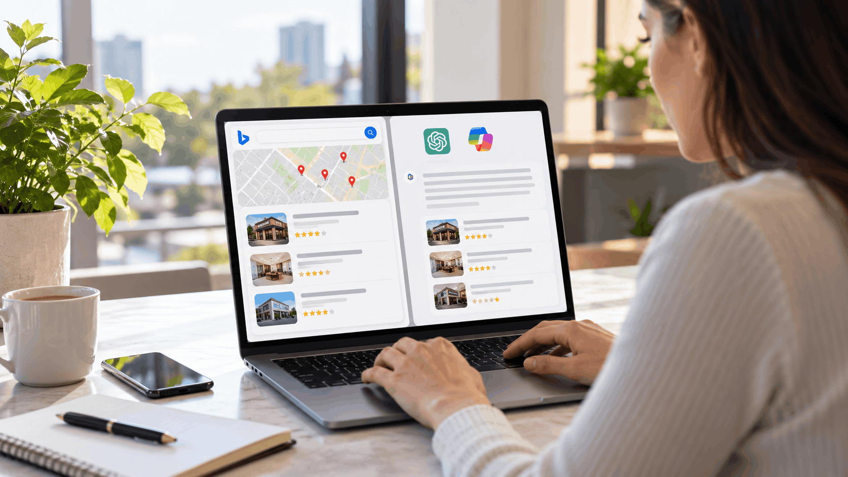 Woman researching local businesses on laptop showing Bing Places and ChatGPT AI results