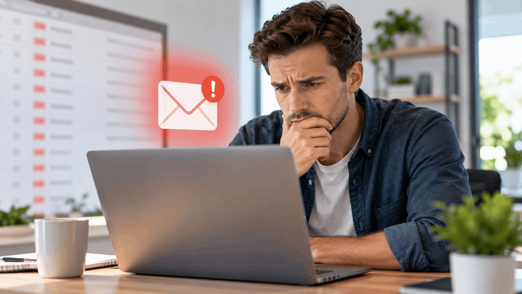 Concerned businessman examining laptop with spam email alert icon glowing red