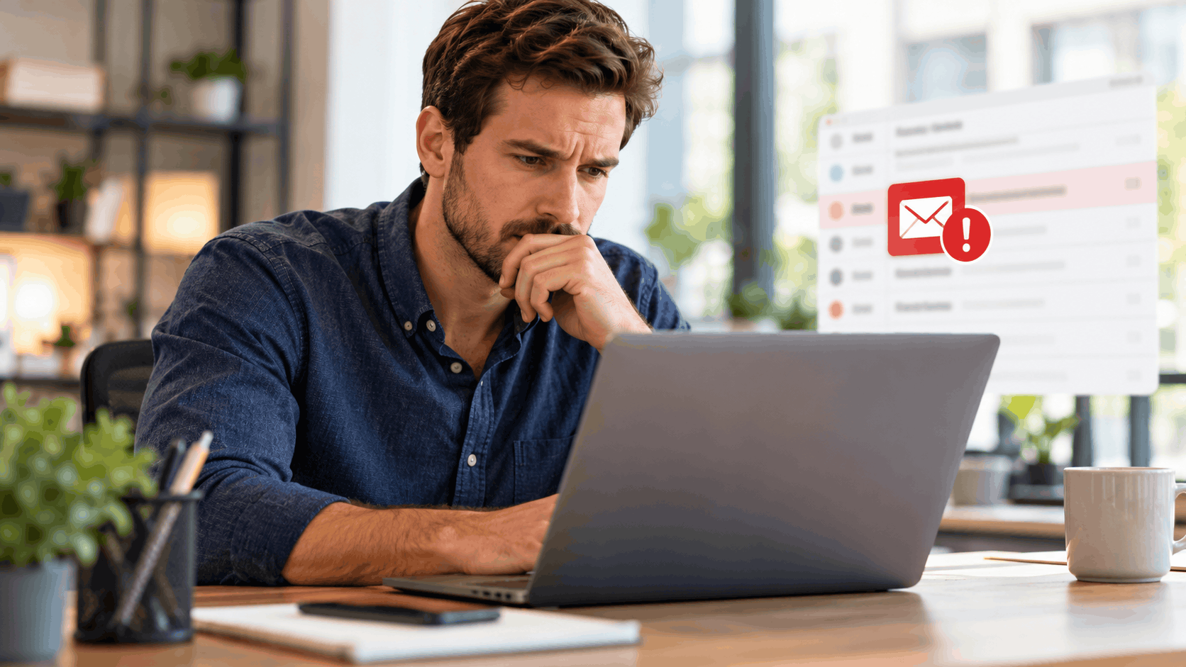 Concerned man reading suspicious email alert on laptop with email warning icon