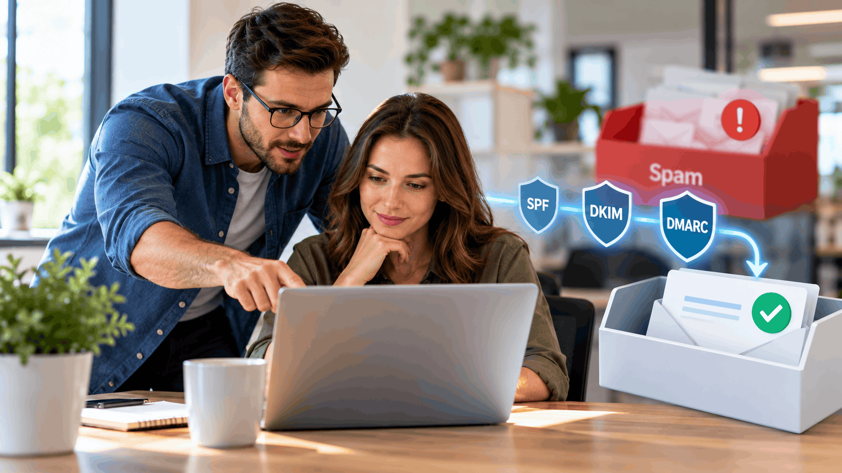 Two professionals configuring SPF DKIM DMARC email authentication records to prevent spam