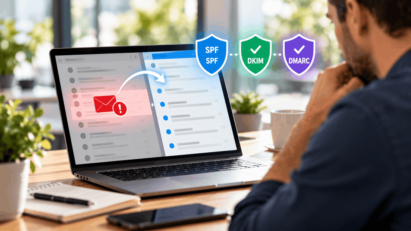 Person reviewing flagged spam email with SPF, DKIM, and DMARC email authentication shields displayed