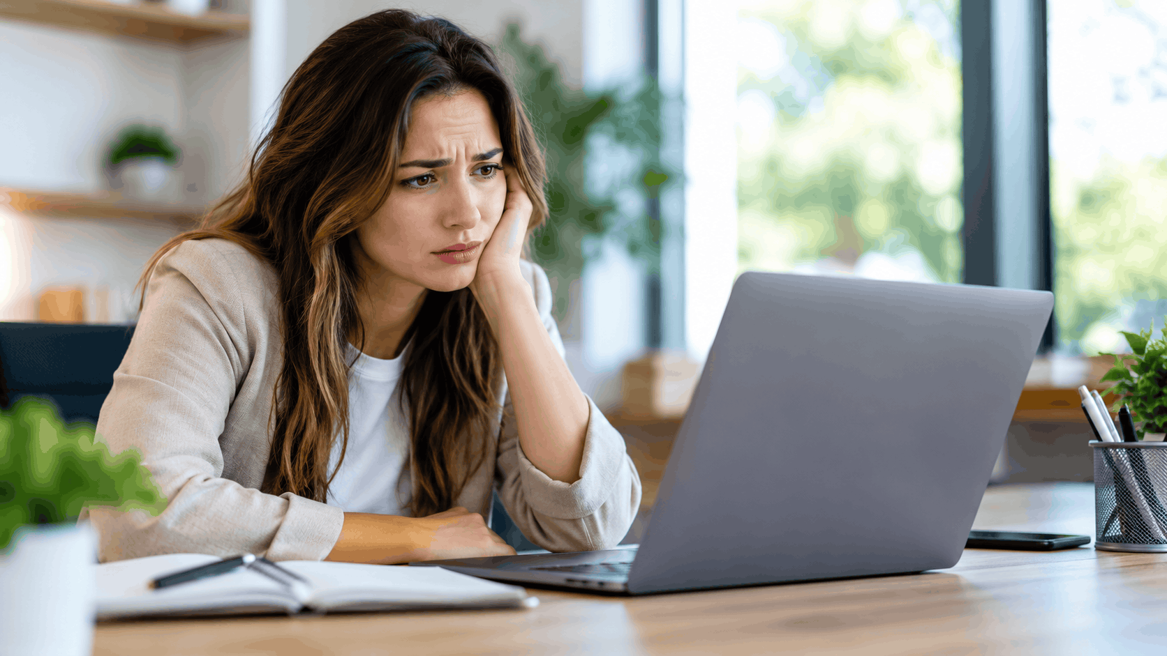 Frustrated woman reading business email on laptop at home office desk