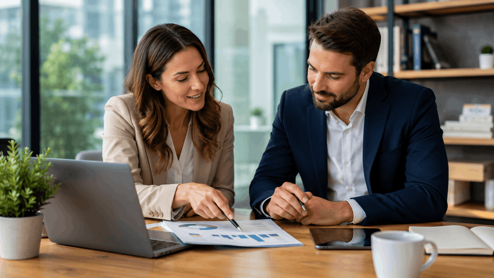 Two business professionals reviewing AI-generated data charts and analytics reports together