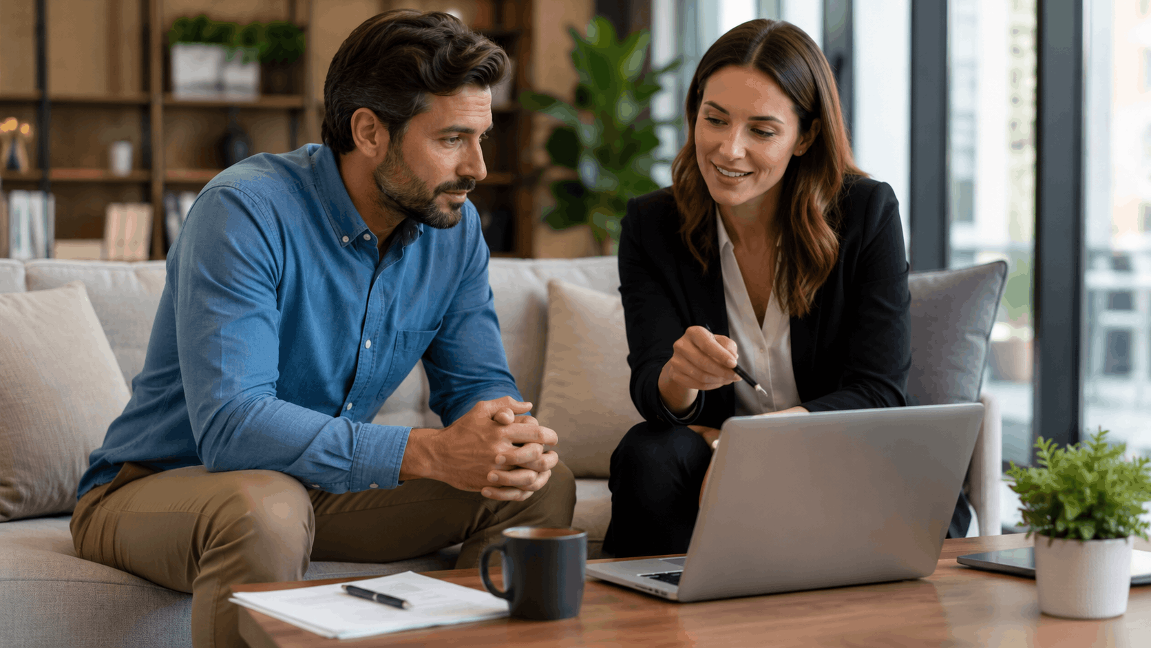 Business consultant reviewing online listings on laptop with client in modern office
