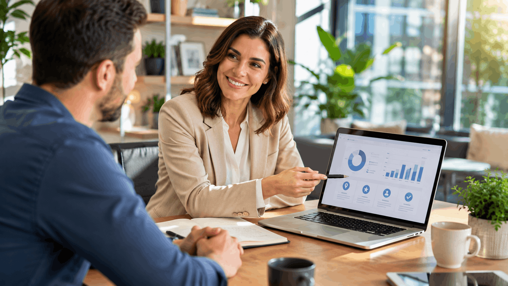 Smiling businesswoman presenting local marketing data charts on laptop to male colleague