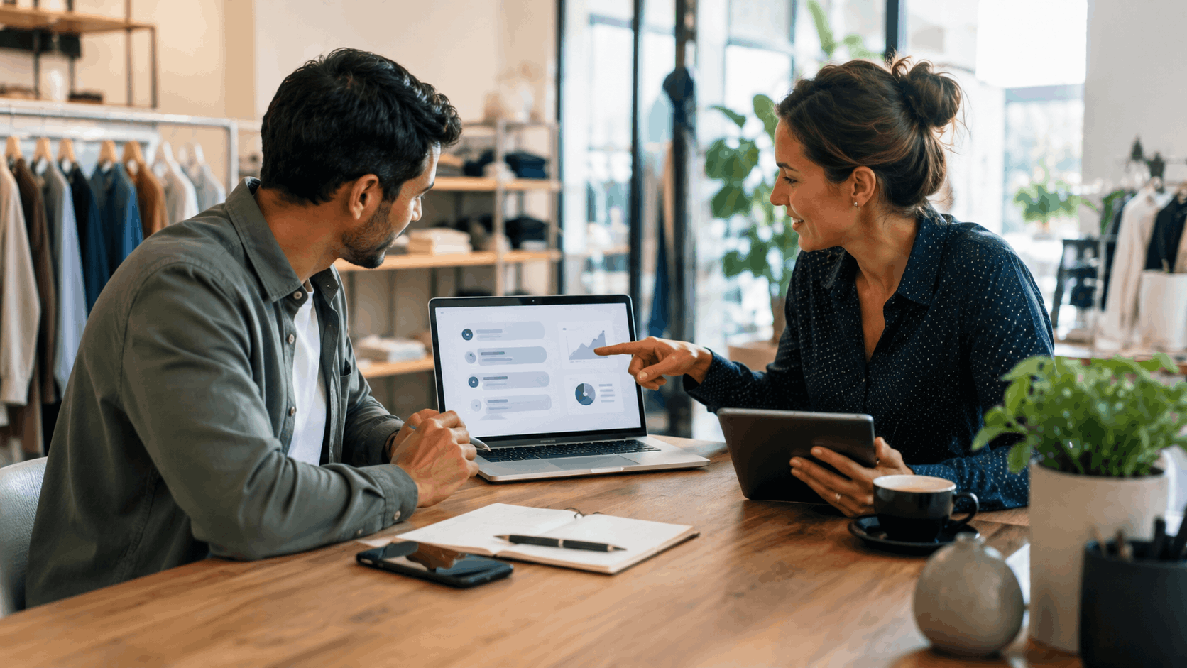 Two business professionals reviewing AI analytics dashboard on laptop in retail store