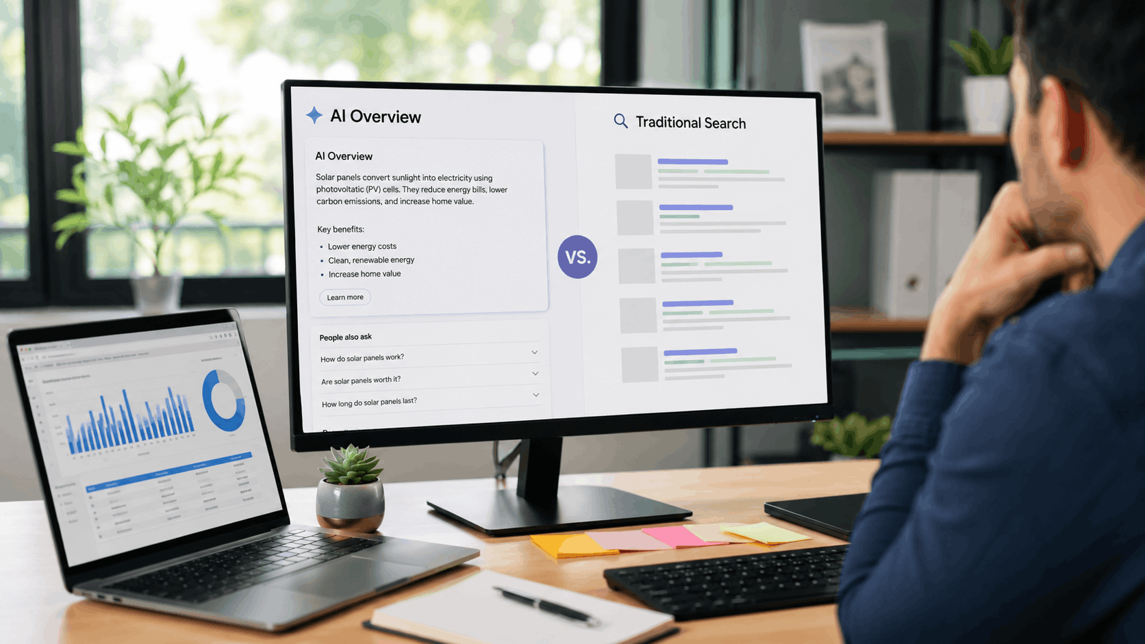 Man comparing AI Overview search results vs traditional search results on desktop monitor