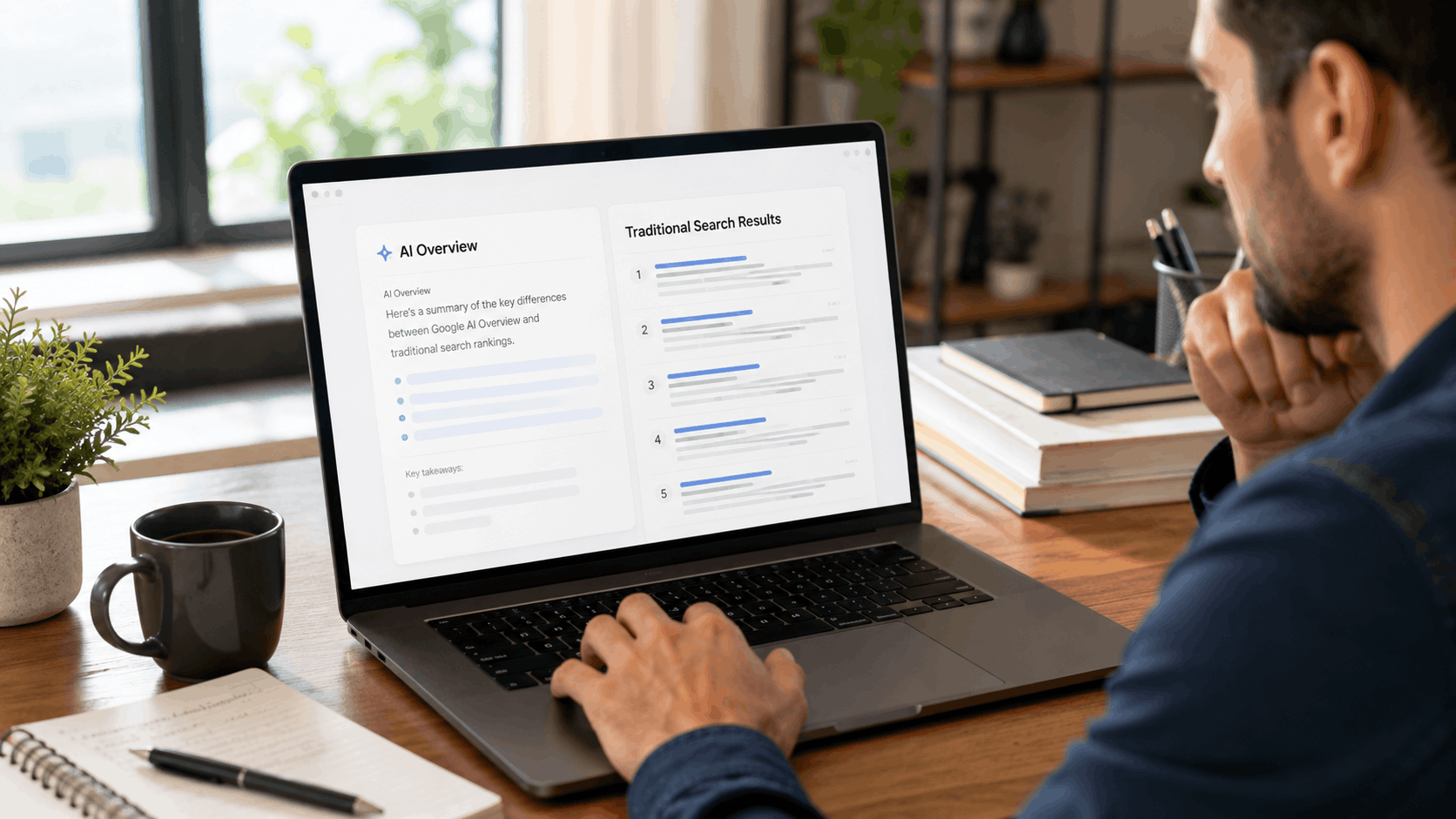 Man studying Google AI Overview versus traditional search results on laptop screen