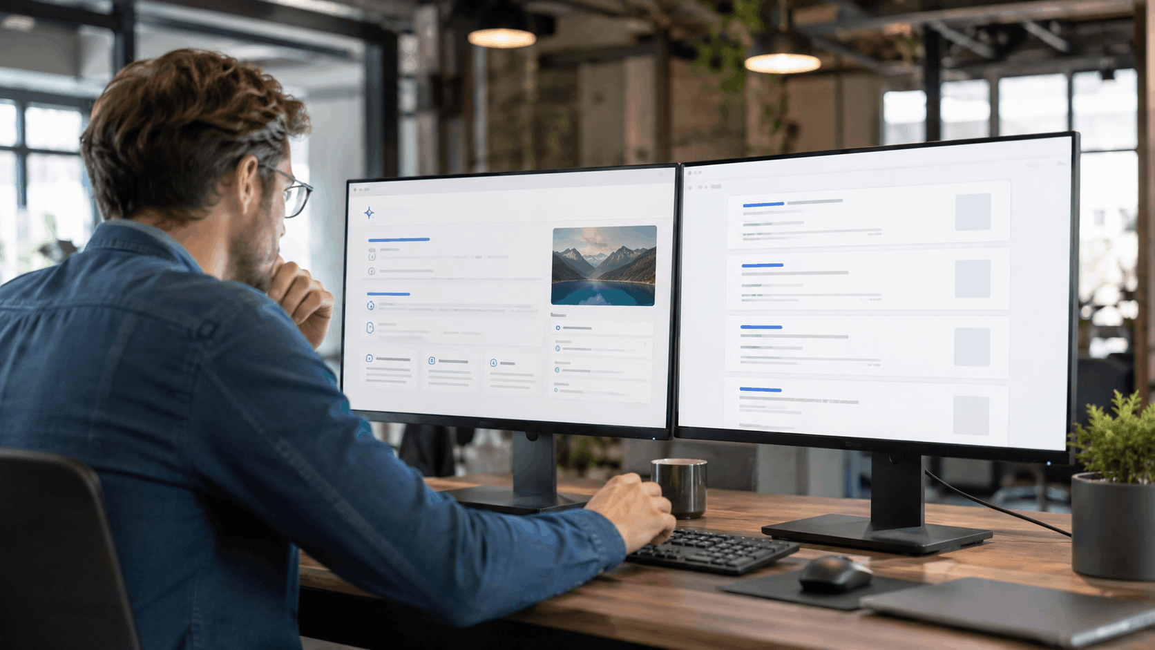 Man in denim shirt working on dual monitor setup displaying website interface