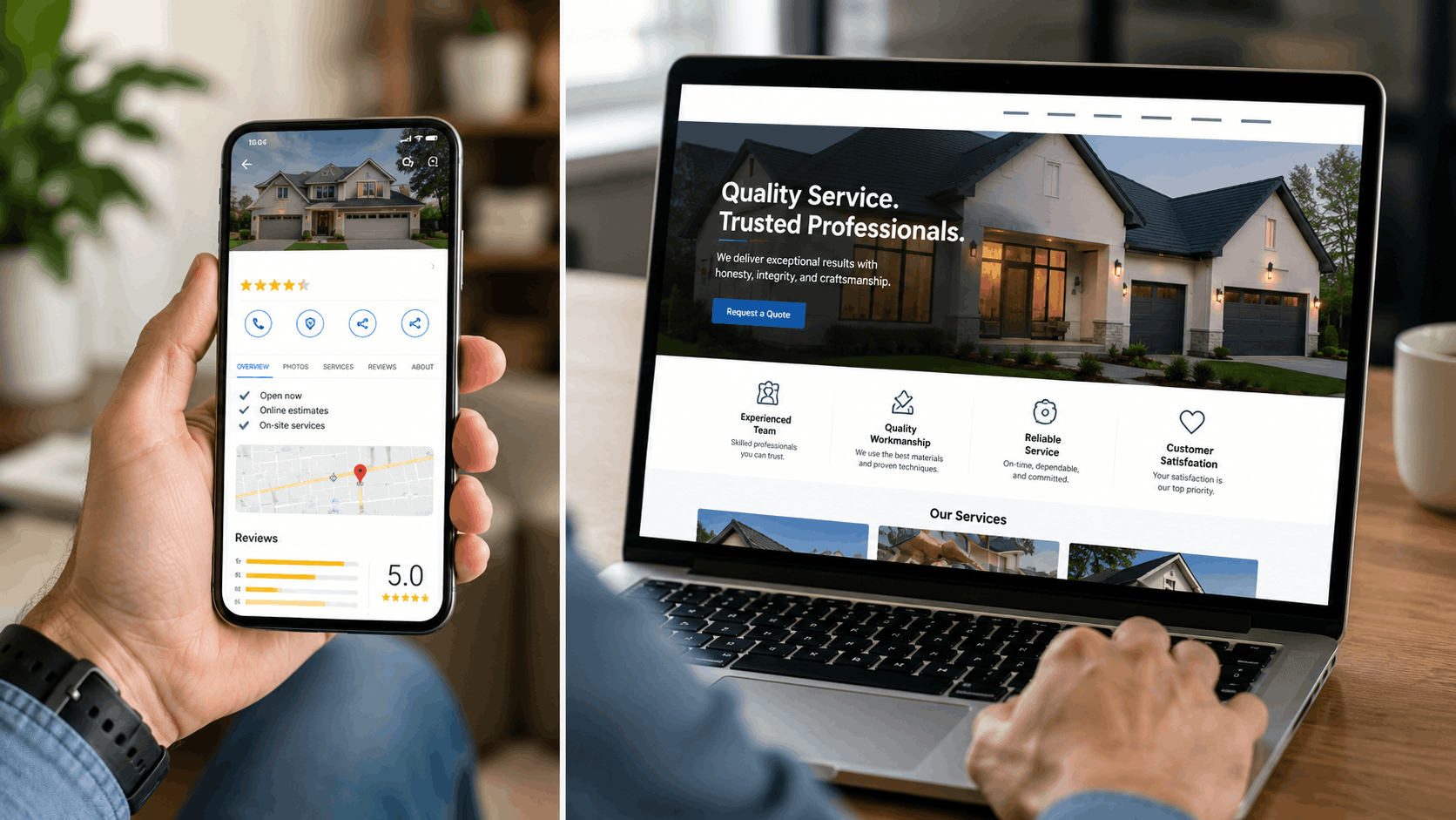Google Business Profile on mobile beside contractor website on laptop showing reviews