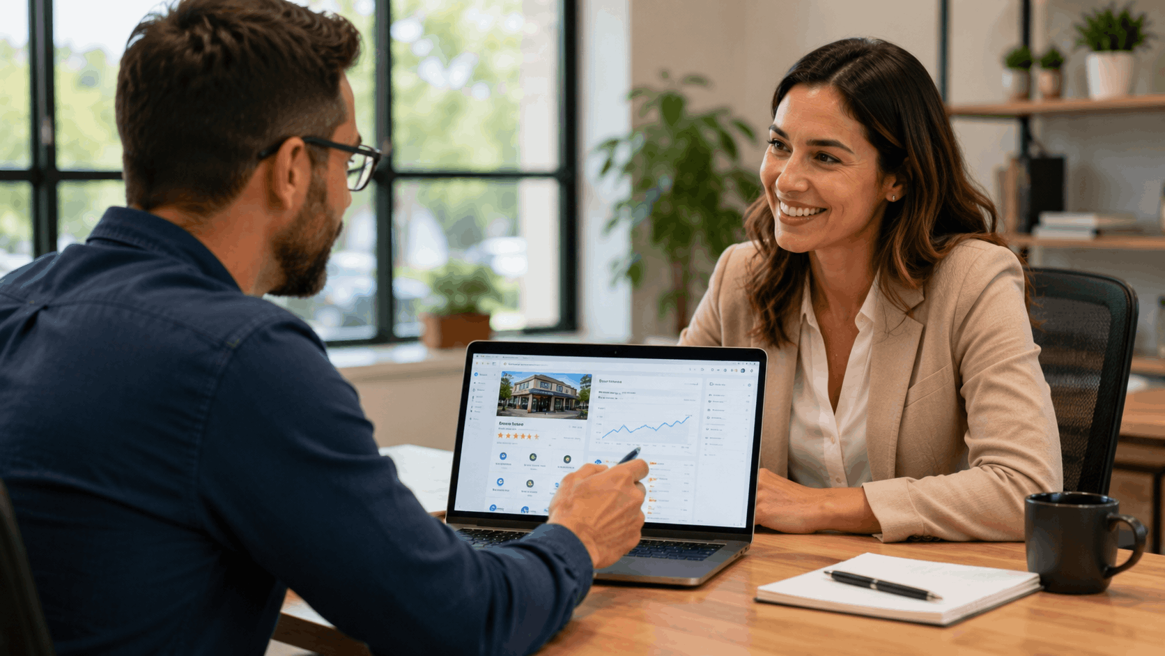 Business consultant showing Google Business Profile analytics dashboard on laptop to smiling client