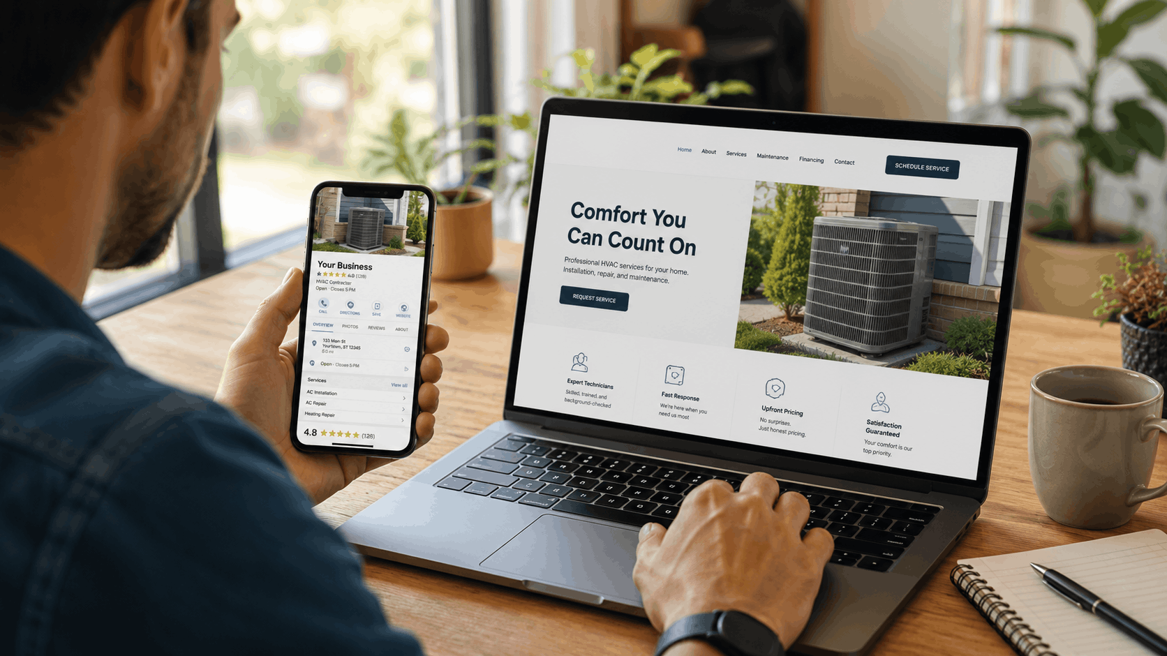 Man reviewing HVAC business Google Business Profile on phone beside professional website on laptop