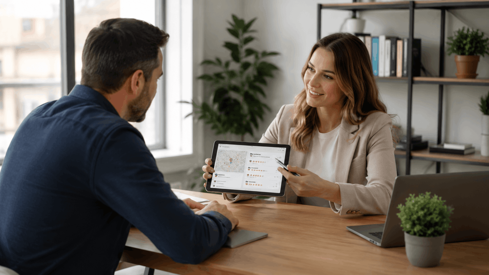 Real estate agent showing local business map listings on tablet to client