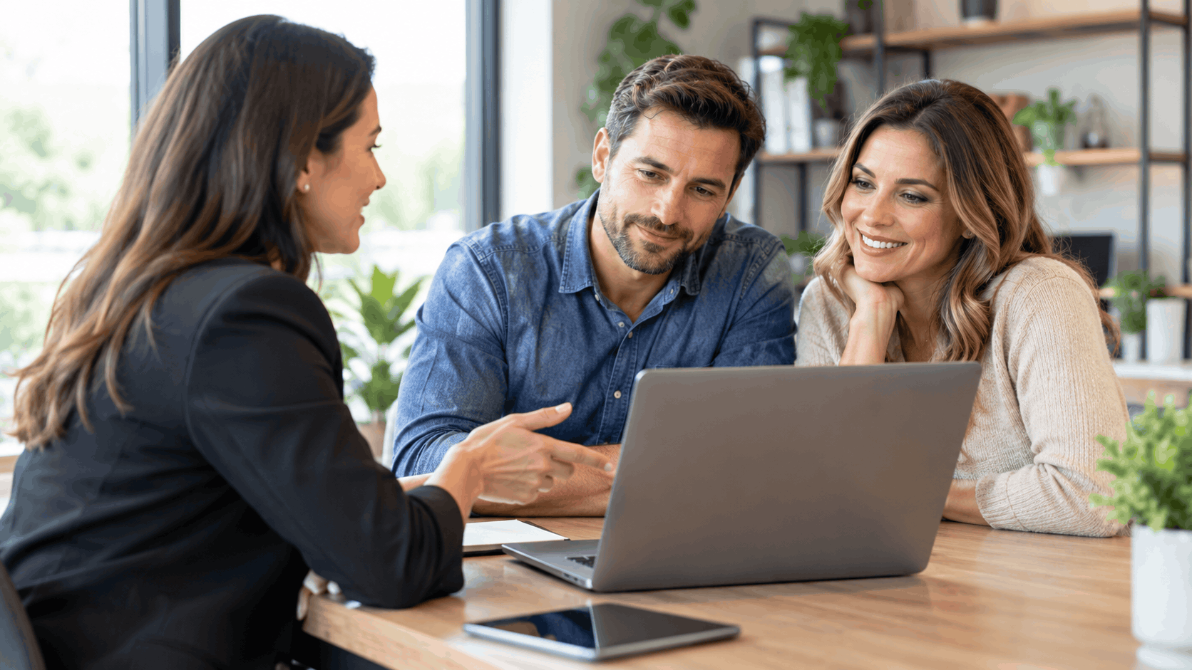 Business owner couple reviewing Hibu services with a consultant on laptop