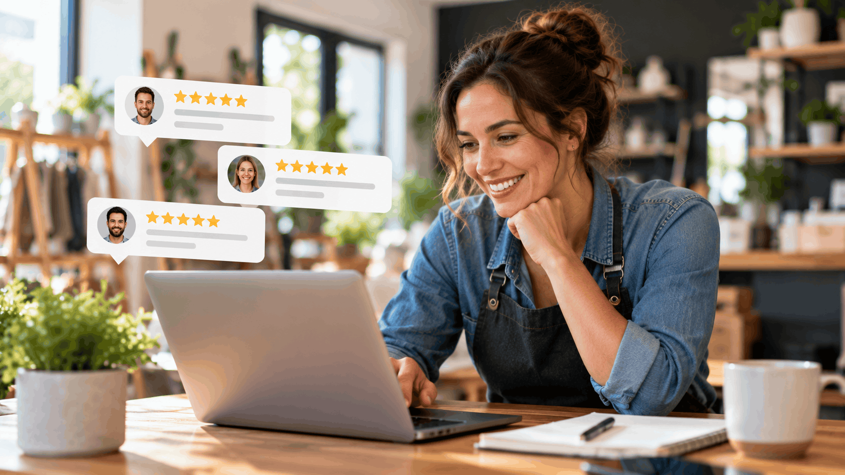 Smiling small business owner reading five-star customer reviews on laptop