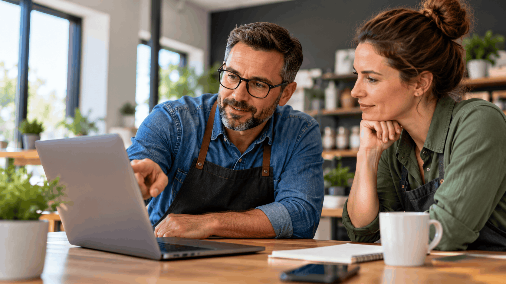 Two small business owners reviewing online reputation and customer reviews on laptop