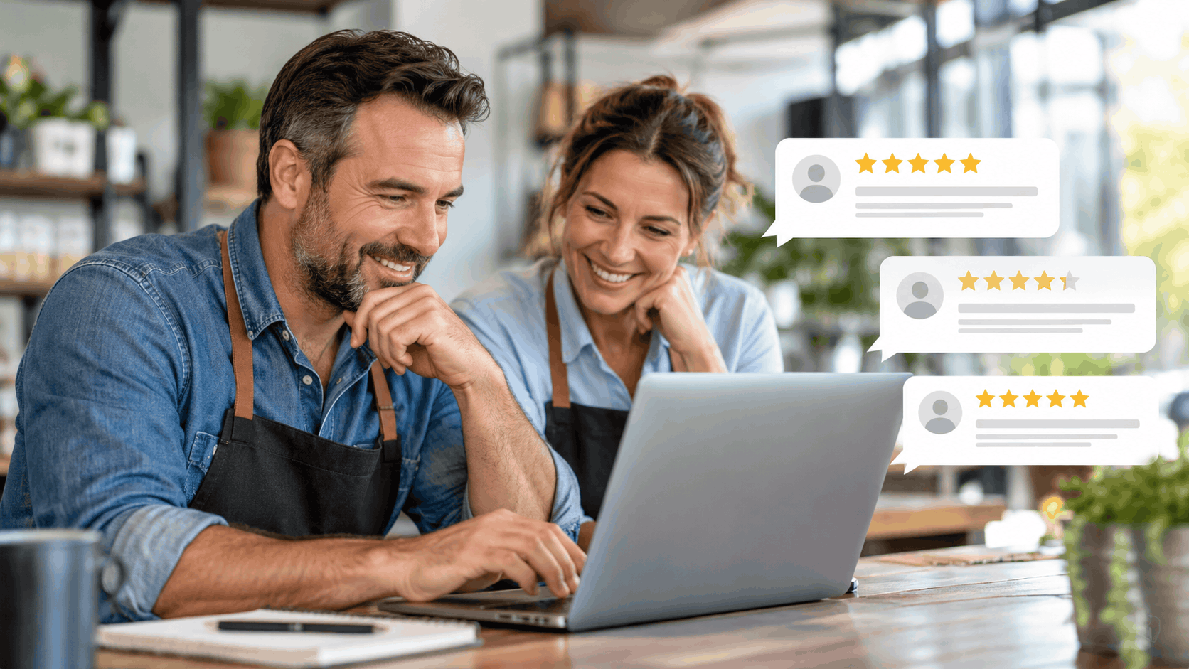 Two small business owners smiling at laptop reviewing five-star customer reviews online