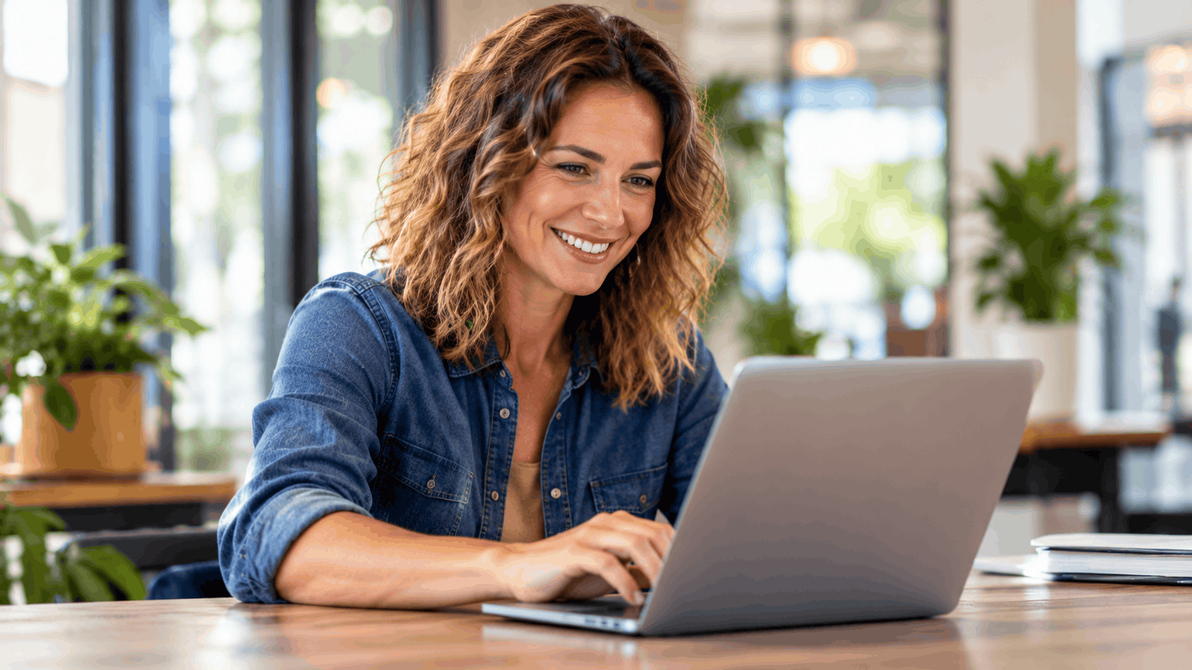 Smiling woman working on laptop at wooden desk in bright office