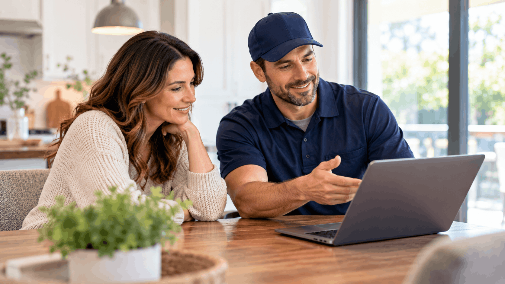 Home services technician showing customer laptop estimate during in-home consultation