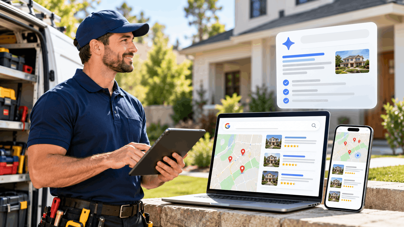 Home services contractor using tablet and laptop showing Google local search results